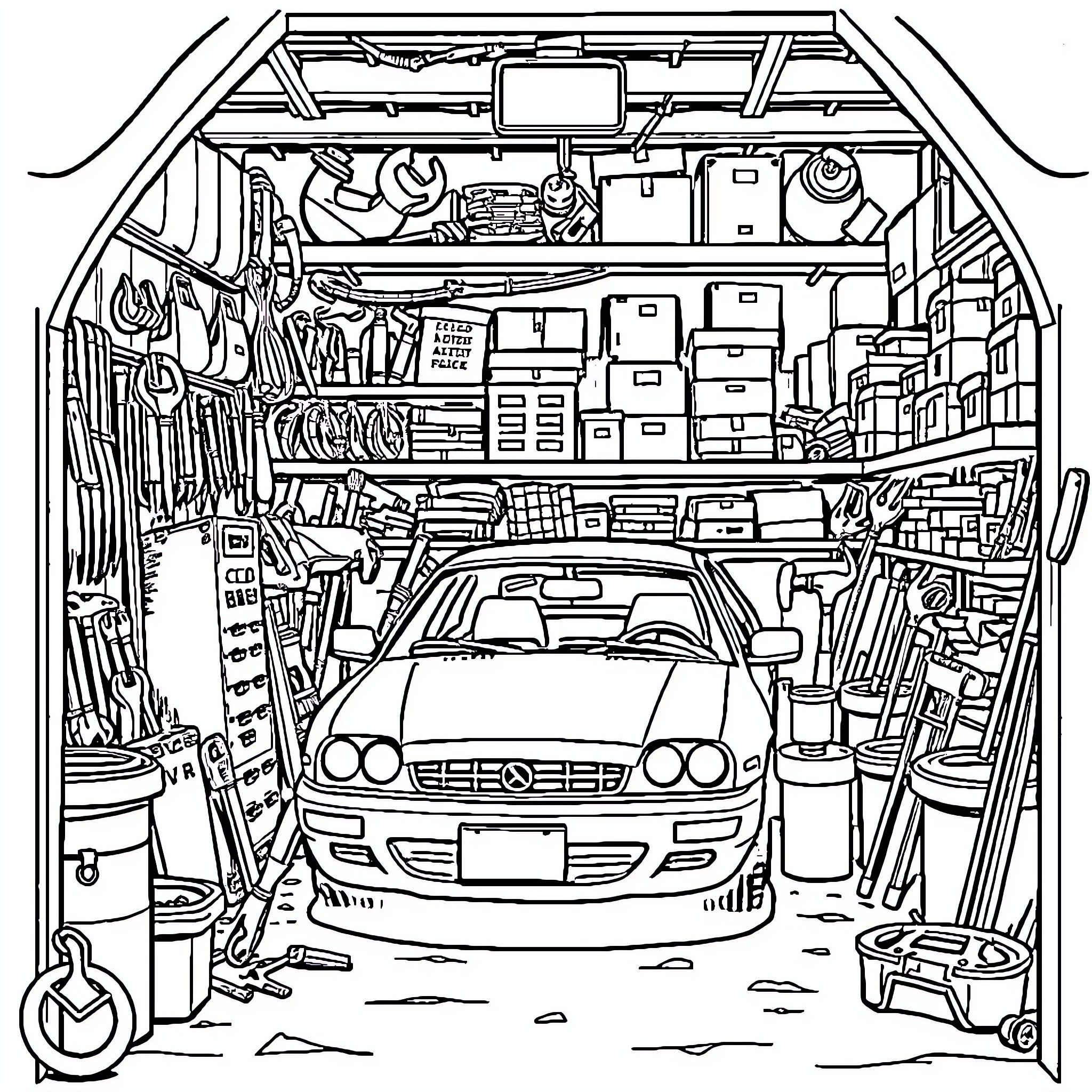 Garage Filled with Tools and Automobile Coloring Page (free black-and-white line drawing printable PDF for all, from beginners to advanced learners, including children, teens, adults, and seniors)