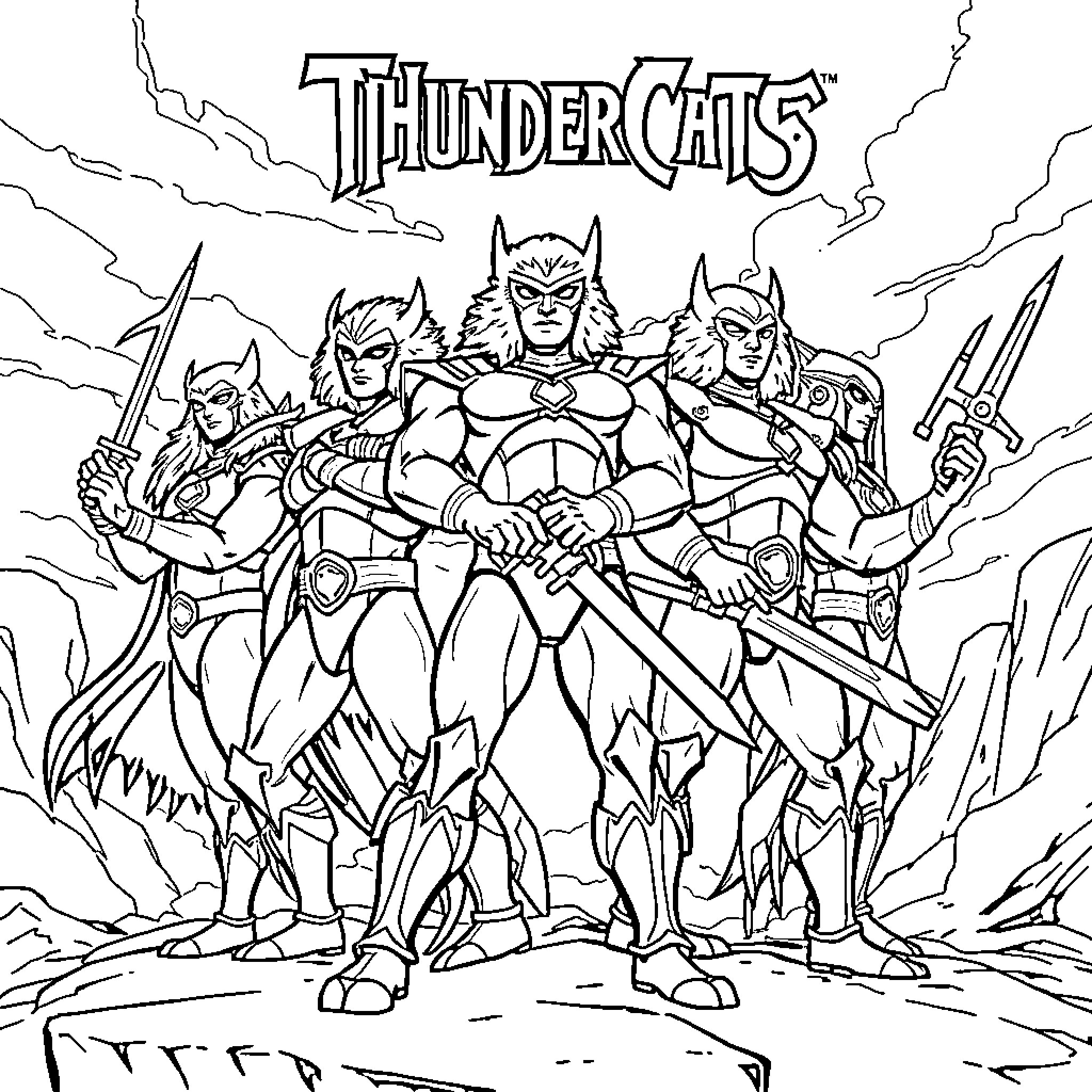 Thundercats charging into action with their weapons Coloring Page (free black-and-white line drawing printable PDF for all, from beginners to advanced learners, including children, teens, adults, and seniors)