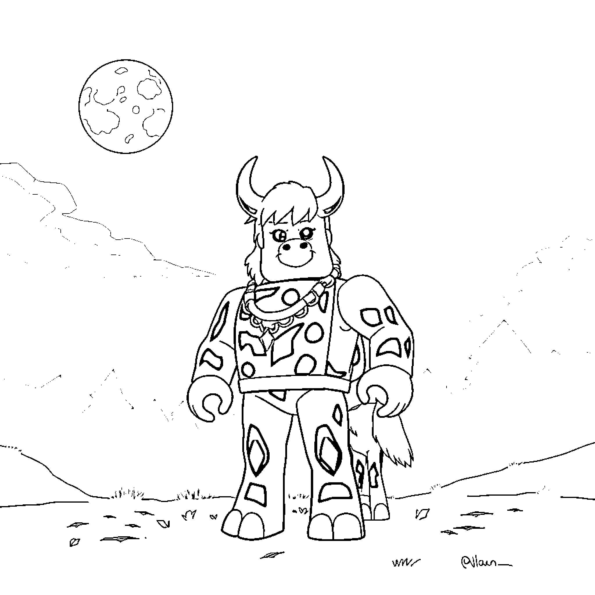 Deer-like creature exploring a moonlit landscape Coloring Page (free black-and-white line drawing printable PDF for all, from beginners to advanced learners, including children, teens, adults, and seniors)