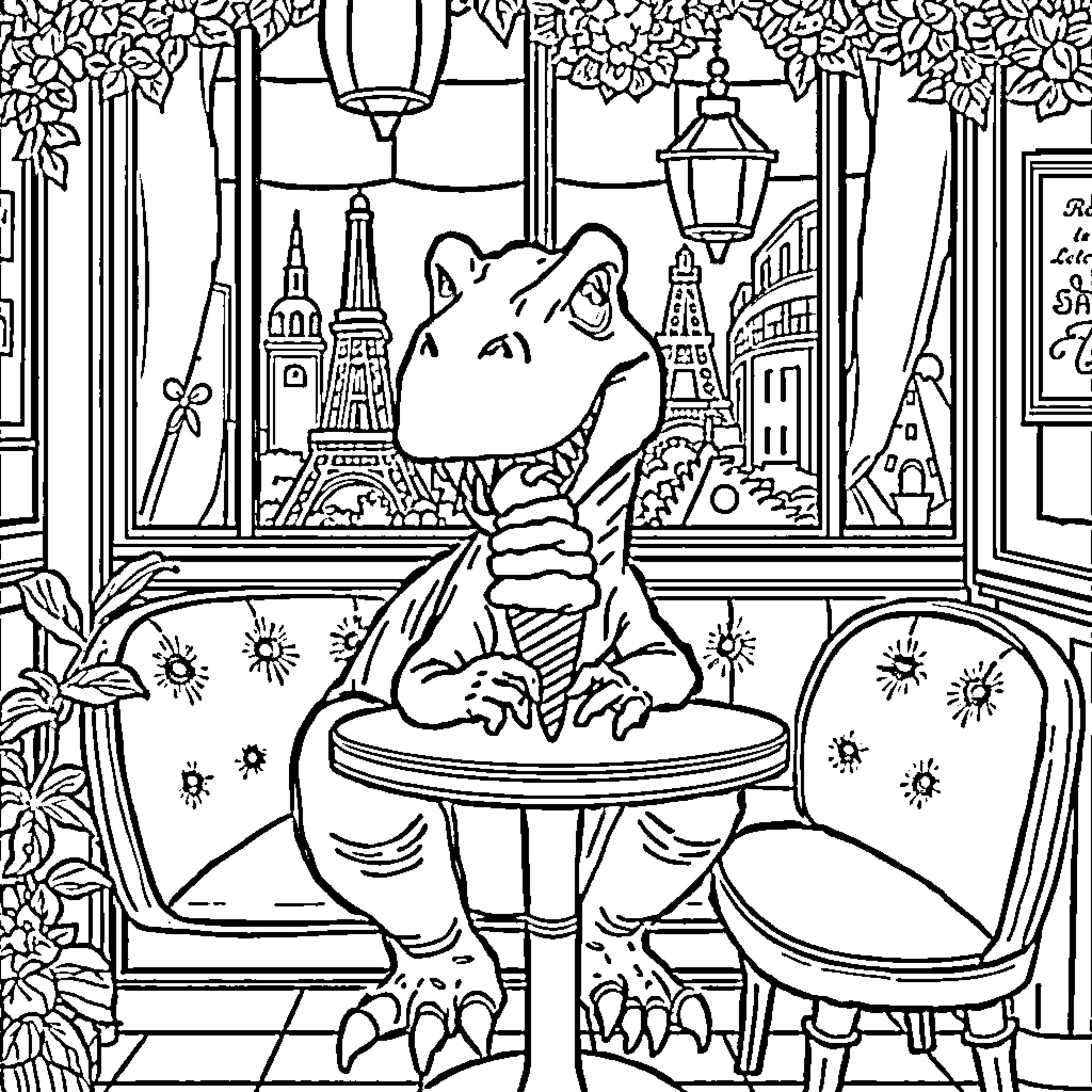 T-Rex enjoying a cup of tea in a cozy cafe Coloring Page (free black-and-white line drawing printable PDF for all, from beginners to advanced learners, including children, teens, adults, and seniors)
