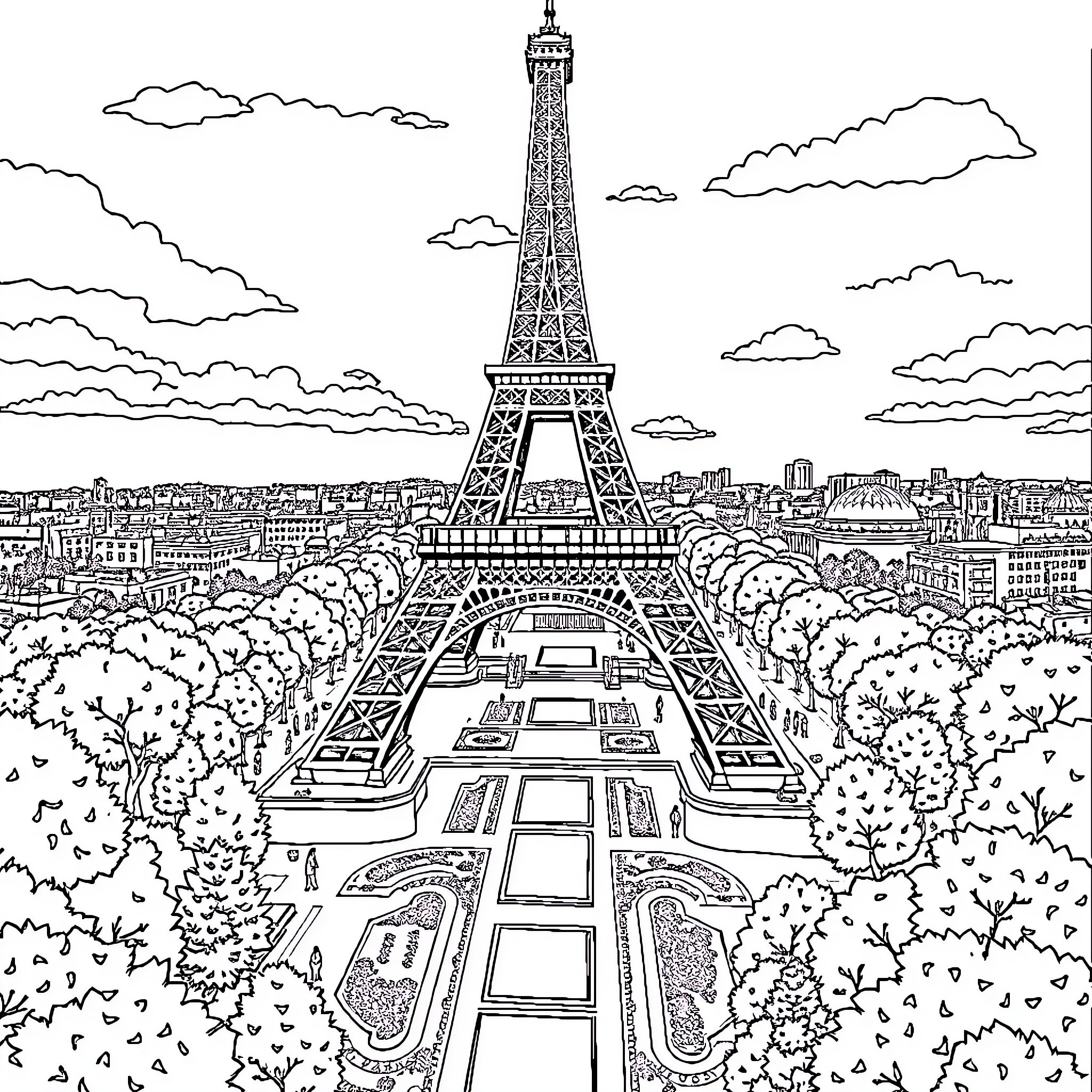 Eiffel Tower overlooking a lively Parisian cityscape Coloring Page (free black-and-white line drawing printable PDF for all, from beginners to advanced learners, including children, teens, adults, and seniors)