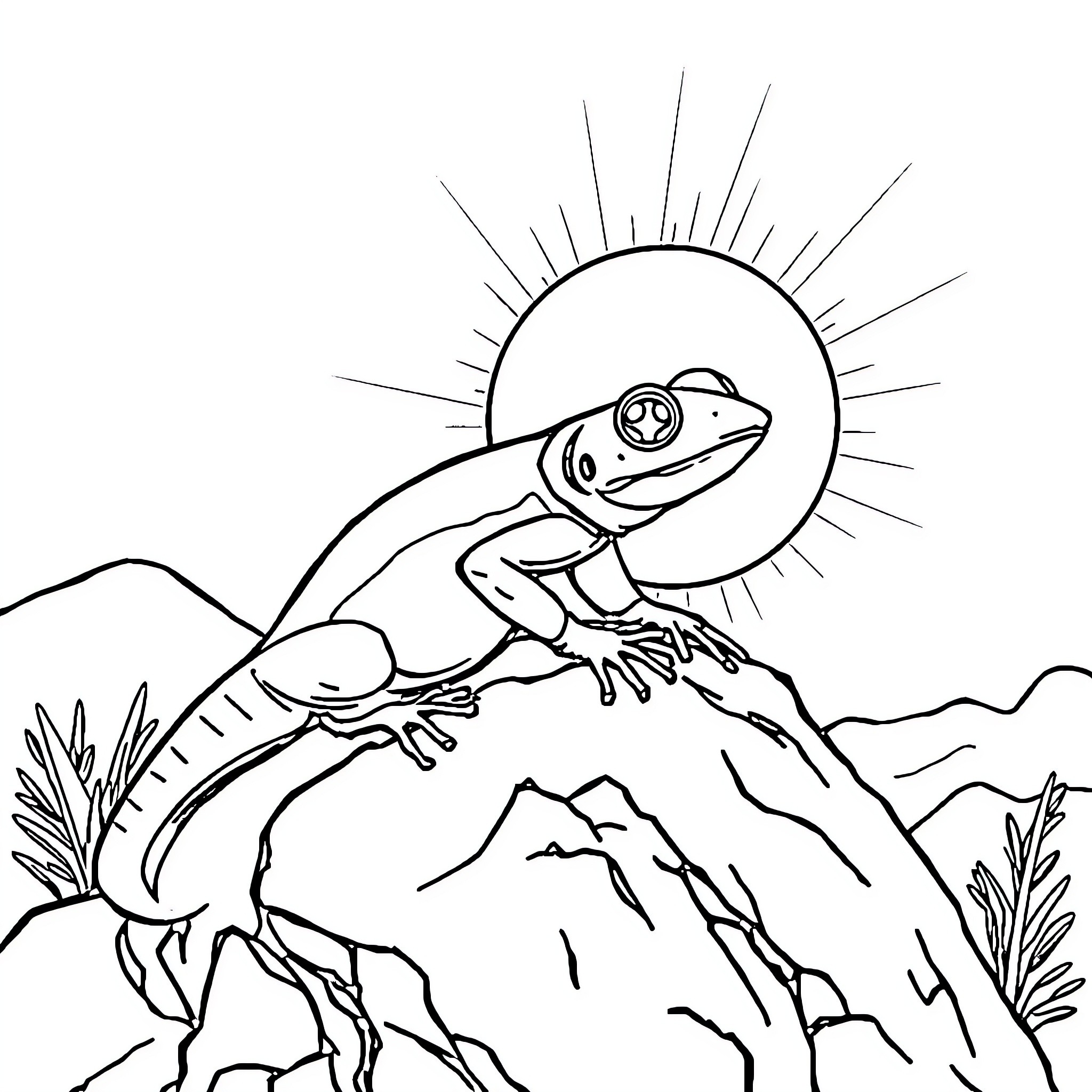 Frog basking in the sun on the rocks Coloring Page (free black-and-white line drawing printable PDF for all, from beginners to advanced learners, including children, teens, adults, and seniors)
