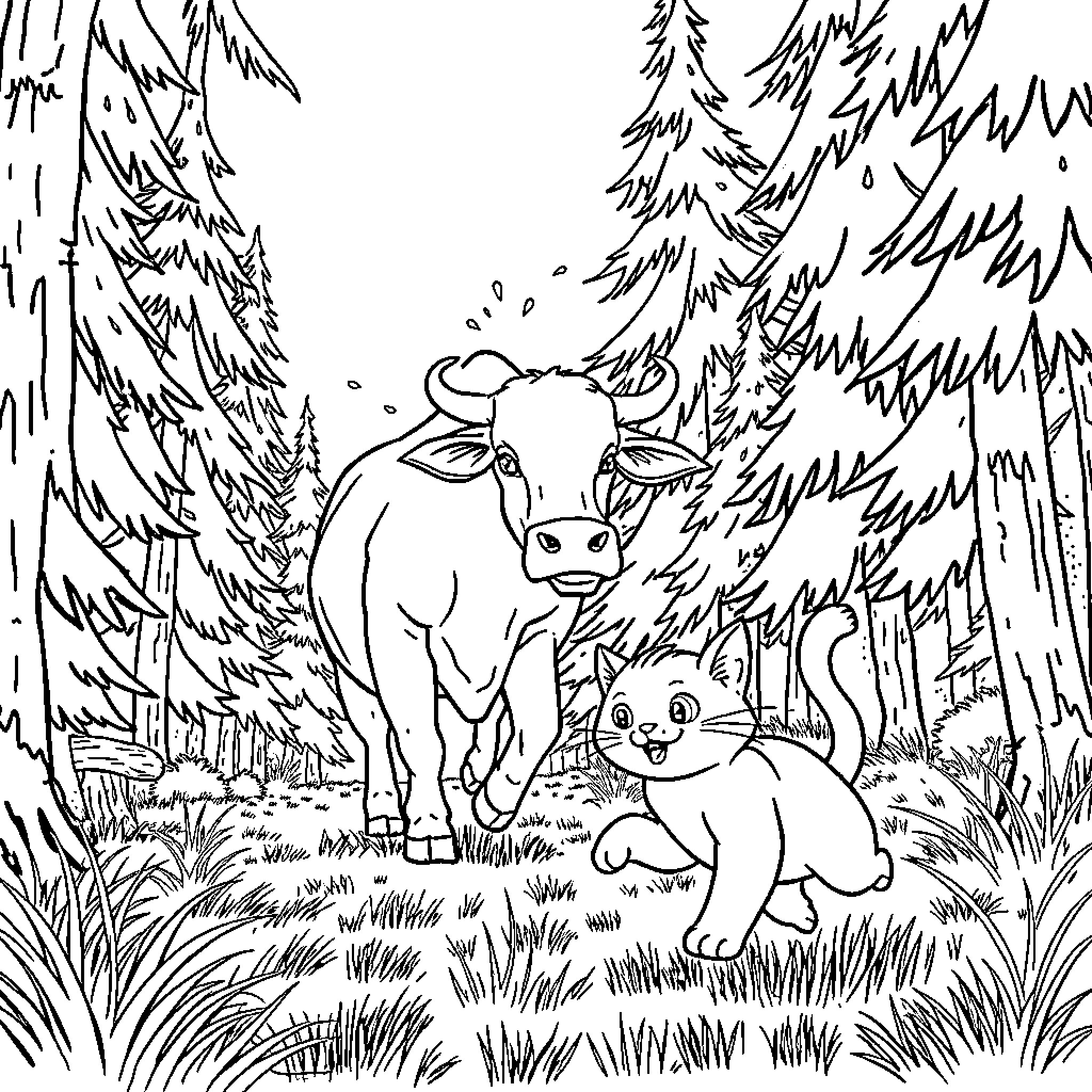 Cat and Cow in the Forest Coloring Page (free black-and-white line drawing printable PDF for all, from beginners to advanced learners, including children, teens, adults, and seniors)