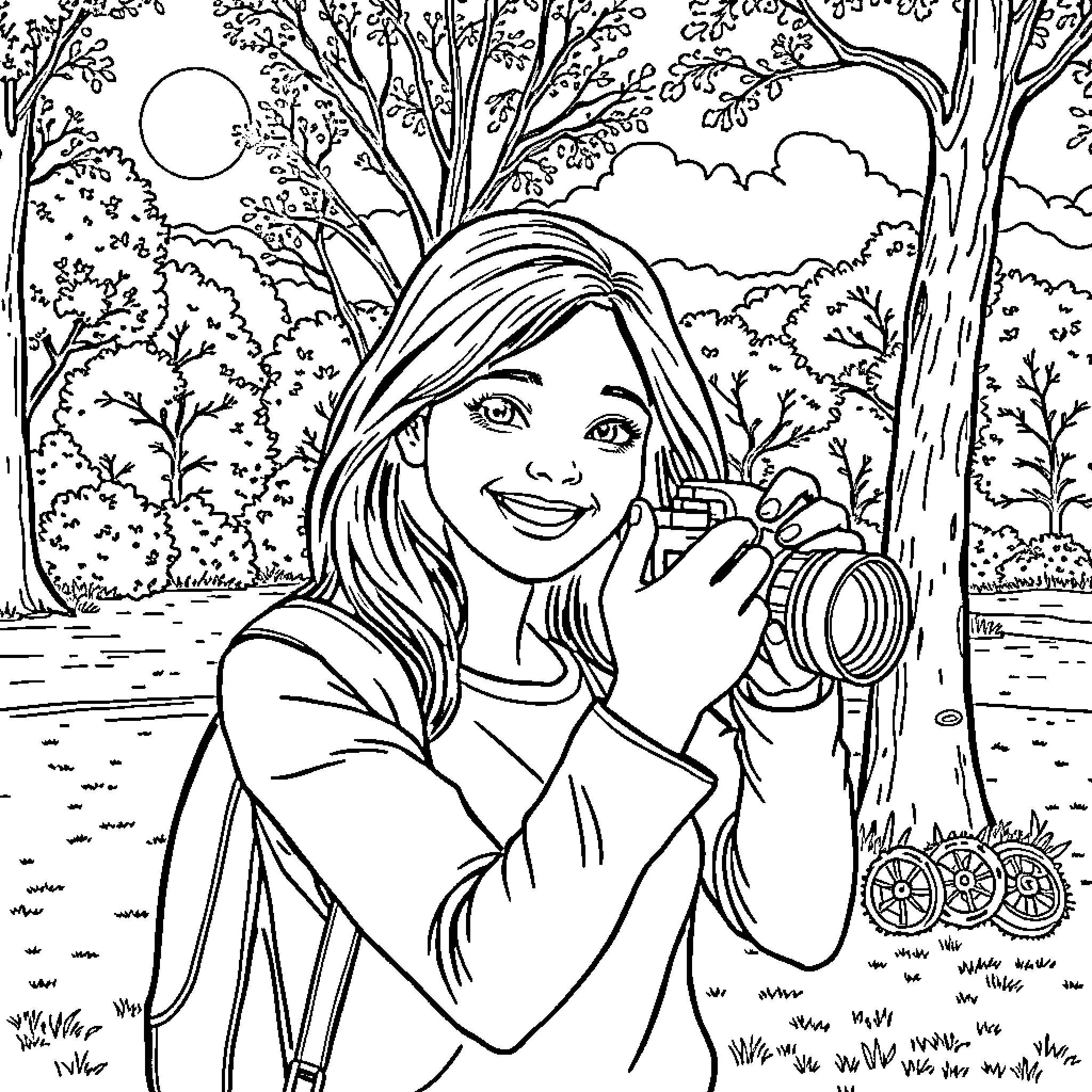 Girl taking a photograph in nature Coloring Page (free black-and-white line drawing printable PDF for all, from beginners to advanced learners, including children, teens, adults, and seniors)