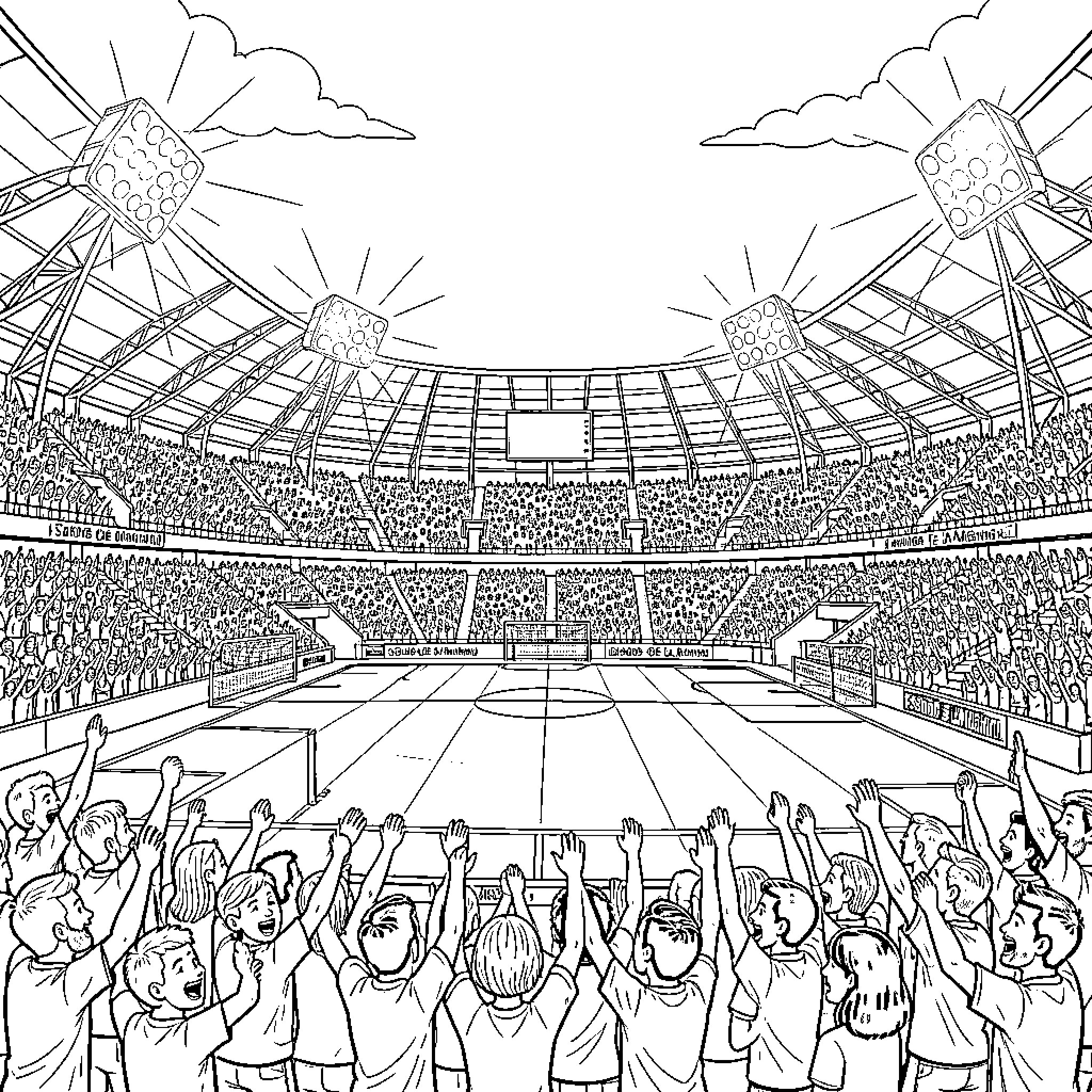Stade de la Meinau: Fans Celebrating in the Stadium Coloring Page (free black-and-white line drawing printable PDF for all, from beginners to advanced learners, including children, teens, adults, and seniors)