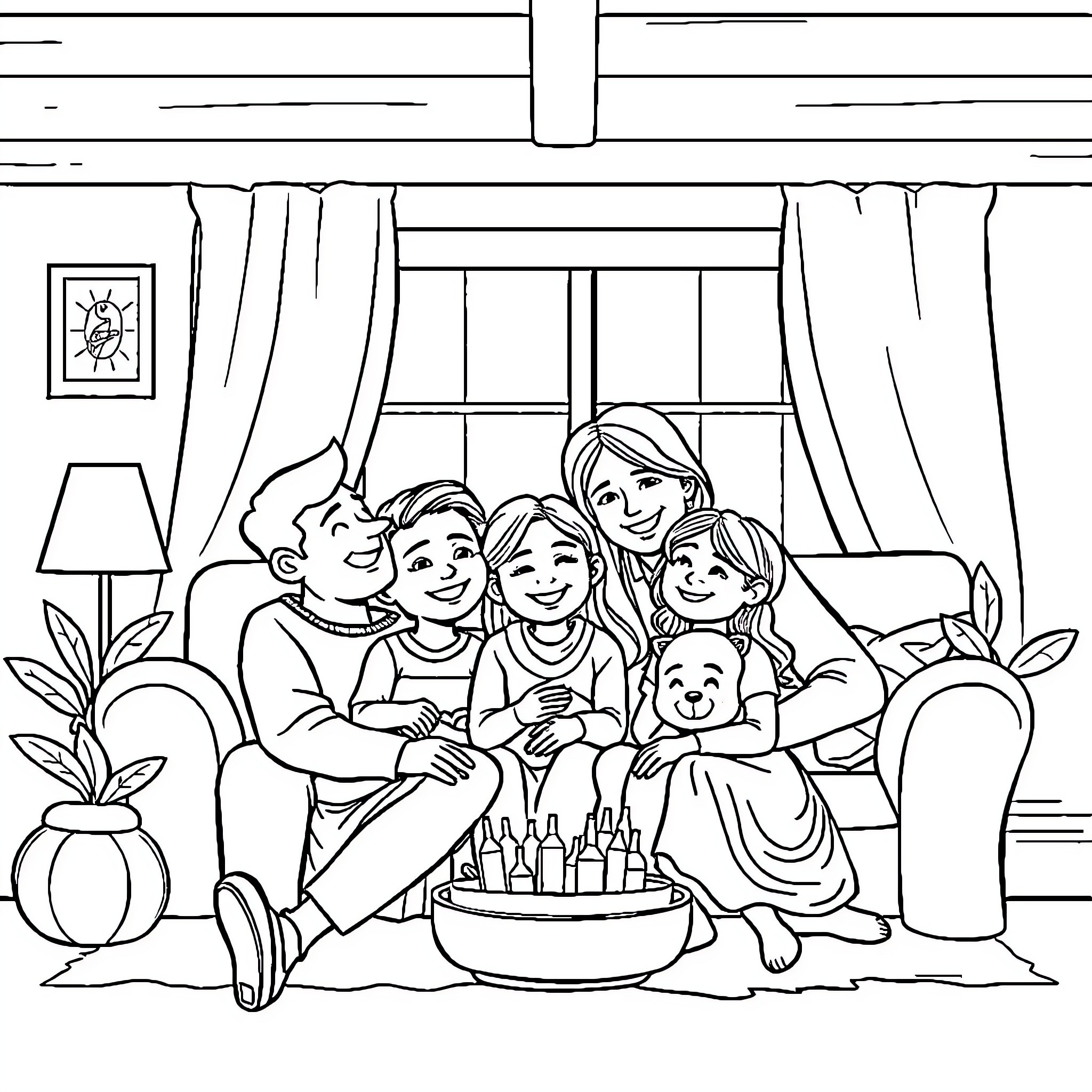 Family Celebrating Together with Birthday Cake Coloring Page (free black-and-white line drawing printable PDF for all, from beginners to advanced learners, including children, teens, adults, and seniors)