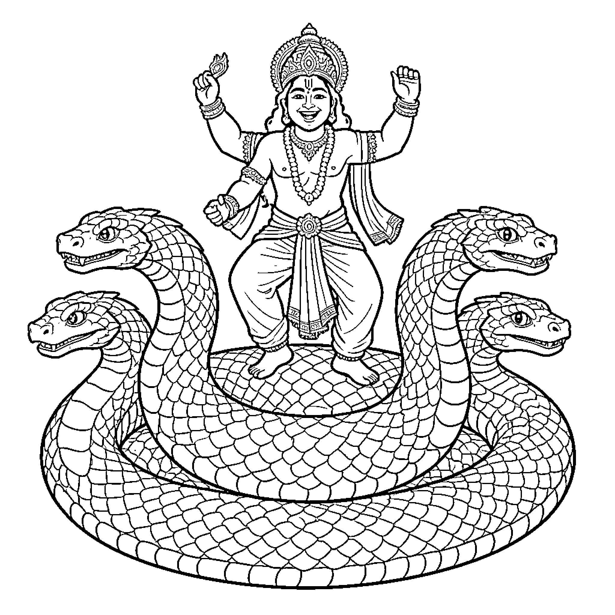 Krishna dancing atop the multi-headed serpent Kaliya Coloring Page (free black-and-white line drawing printable PDF for all, from beginners to advanced learners, including children, teens, adults, and seniors)
