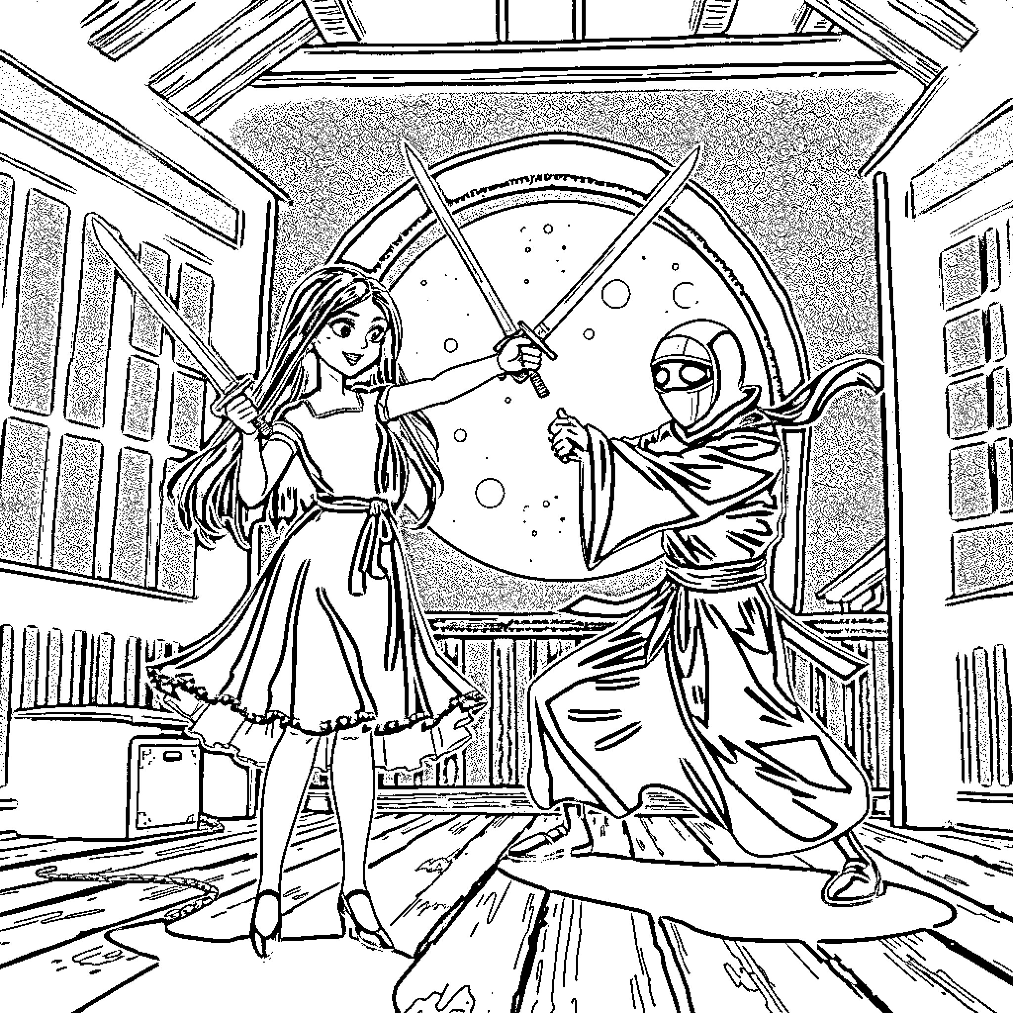Wednesday Adams in an epic duel with a sword-wielding adversary Coloring Page (free black-and-white line drawing printable PDF for all, from beginners to advanced learners, including children, teens, adults, and seniors)
