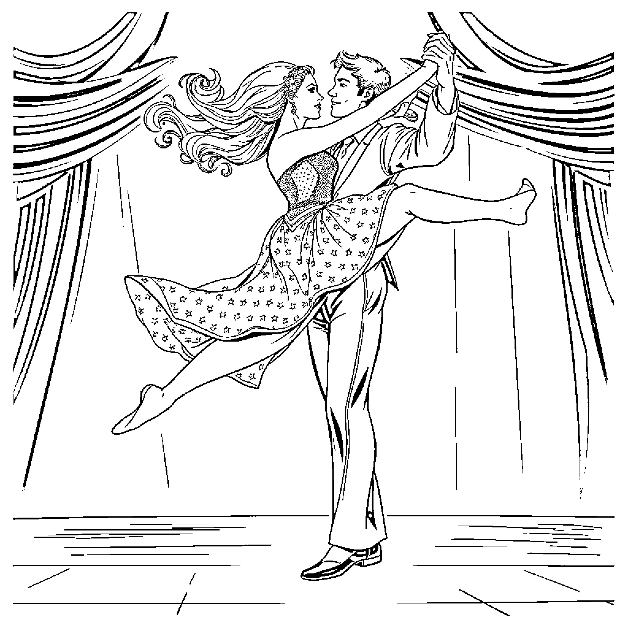 Dancer performing elegant ballroom routine Coloring Page (free black-and-white line drawing printable PDF for all, from beginners to advanced learners, including children, teens, adults, and seniors)