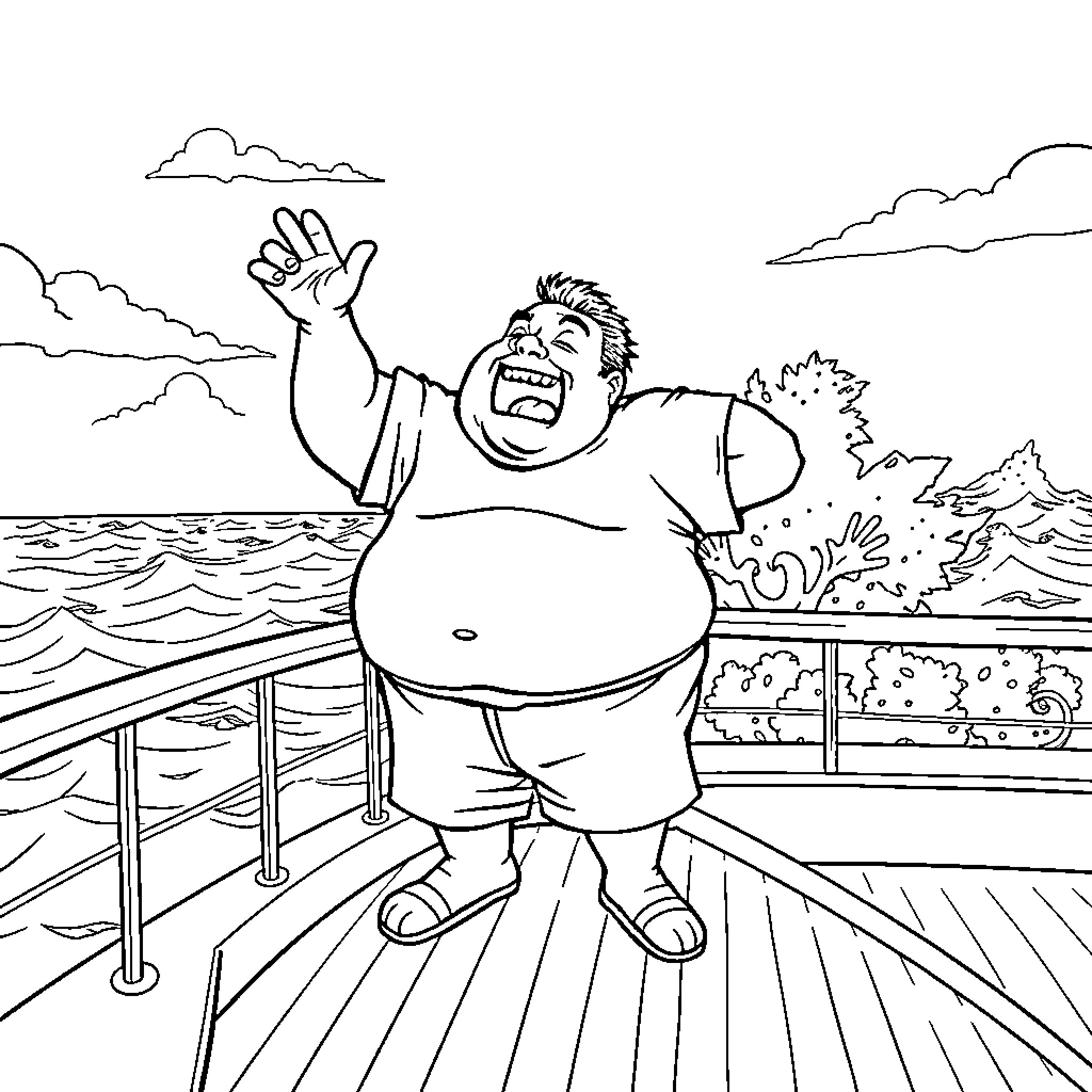 Slob enthusiastically waving on a boat deck Coloring Page (free black-and-white line drawing printable PDF for all, from beginners to advanced learners, including children, teens, adults, and seniors)