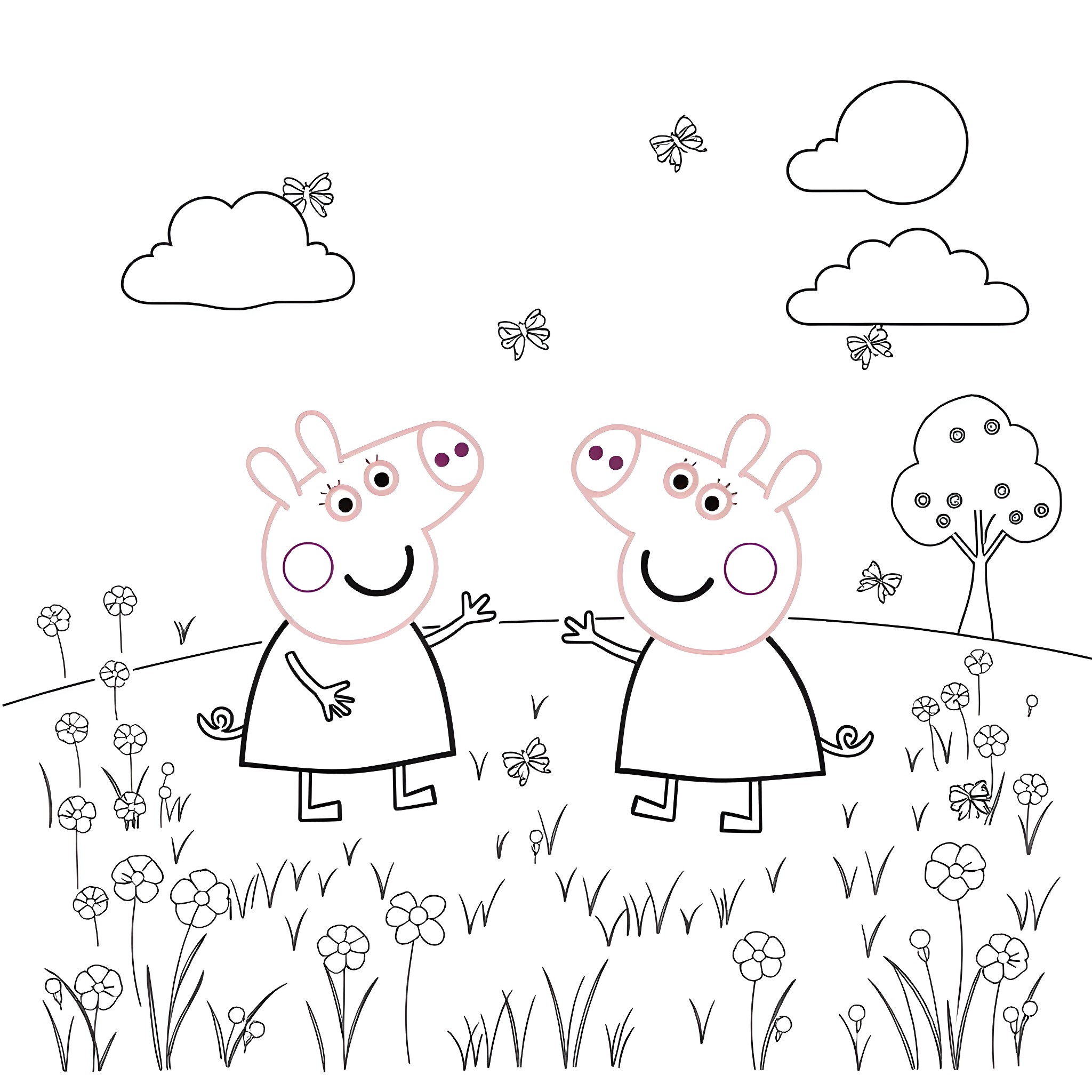Peppa Pig and her friend playing in a flowery field Coloring Page (free black-and-white line drawing printable PDF for all, from beginners to advanced learners, including children, teens, adults, and seniors)