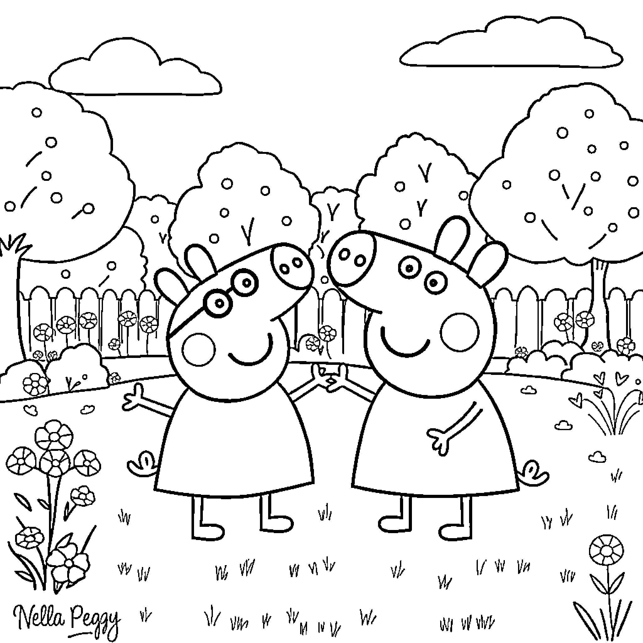 Peppa Pig and friend explore the countryside Coloring Page (free black-and-white line drawing printable PDF for all, from beginners to advanced learners, including children, teens, adults, and seniors)