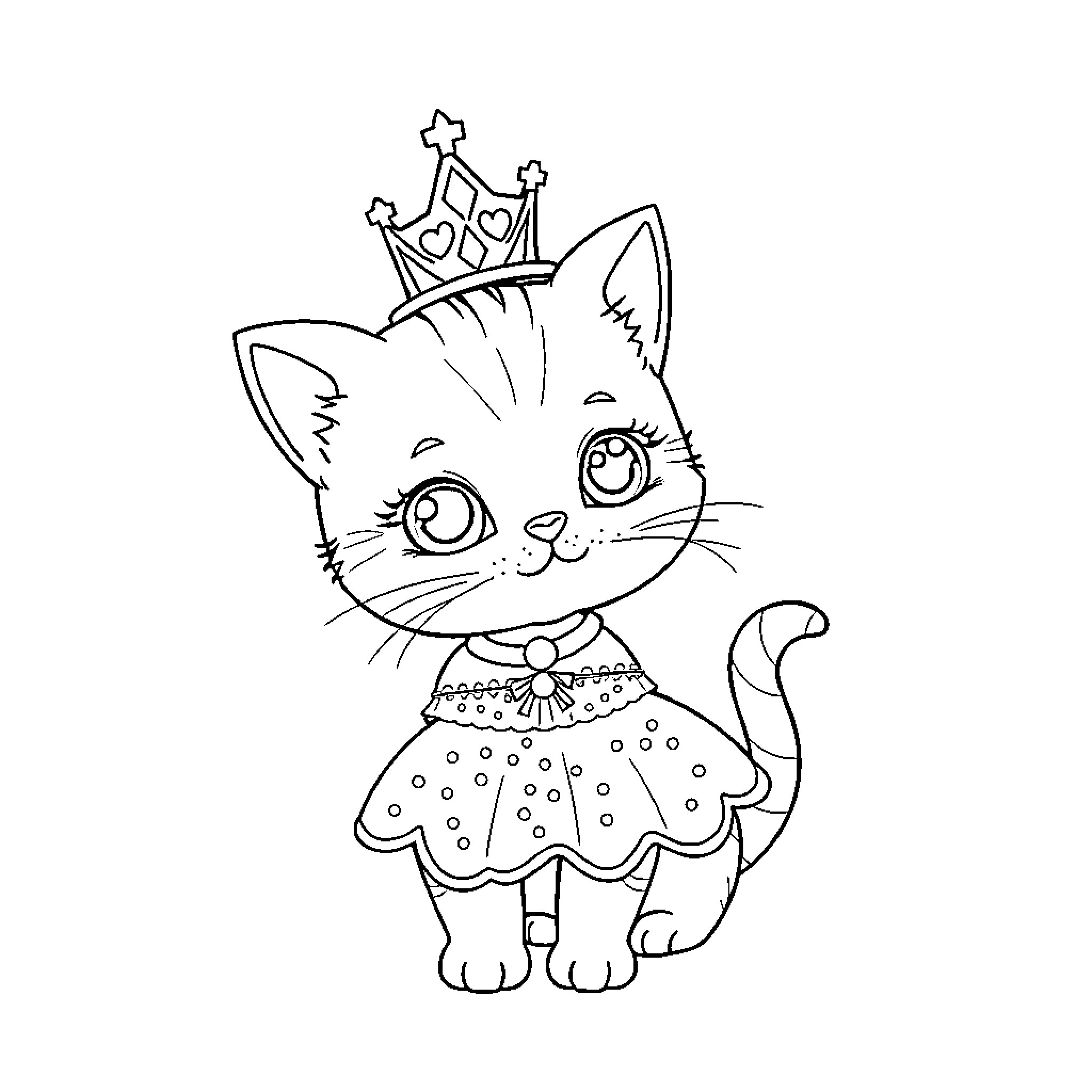 Princess Cat wearing crown and fancy dress Coloring Page (free black-and-white line drawing printable PDF for all, from beginners to advanced learners, including children, teens, adults, and seniors)