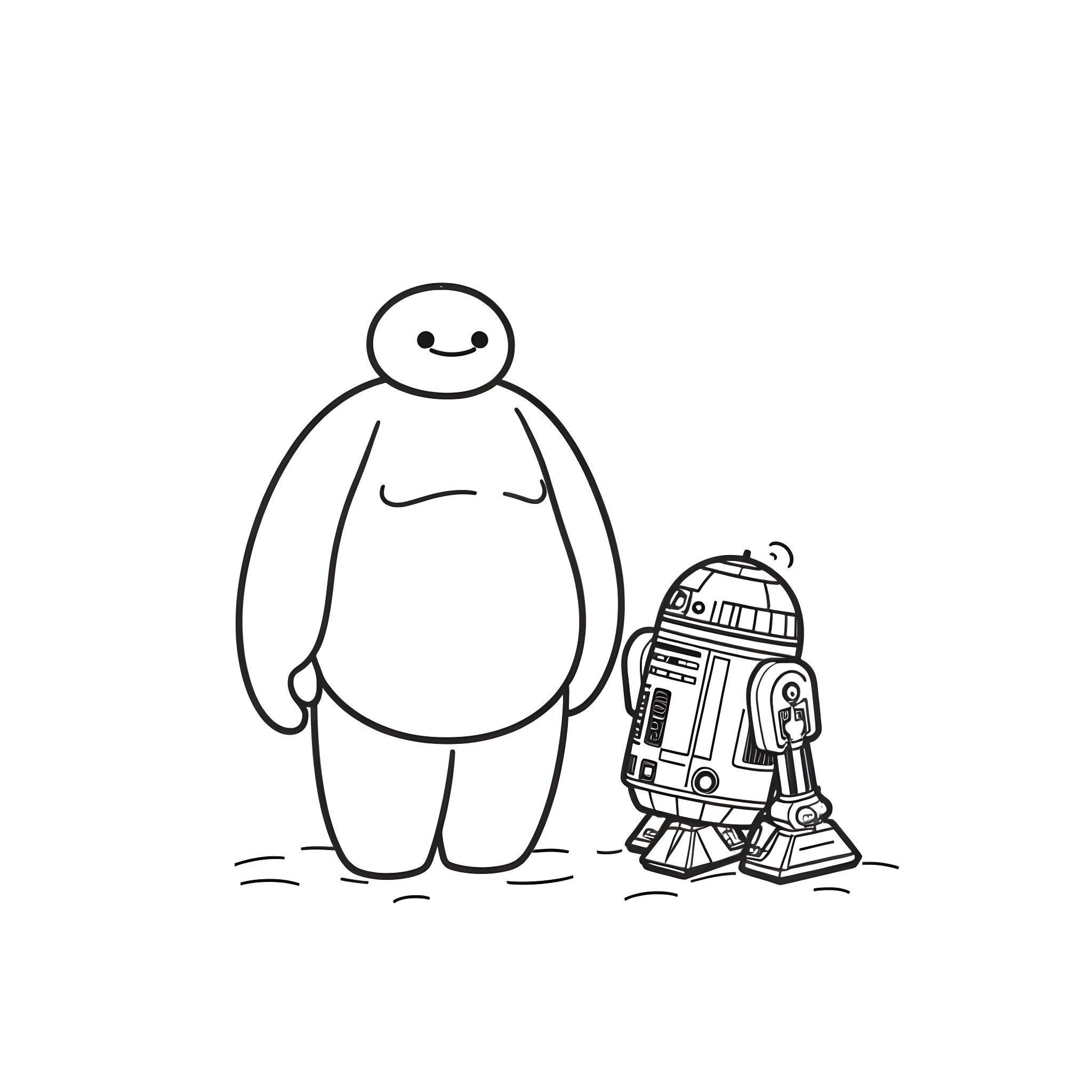 R2D2 and the Big Hero Robotic Companion Coloring Page (free black-and-white line drawing printable PDF for all, from beginners to advanced learners, including children, teens, adults, and seniors)