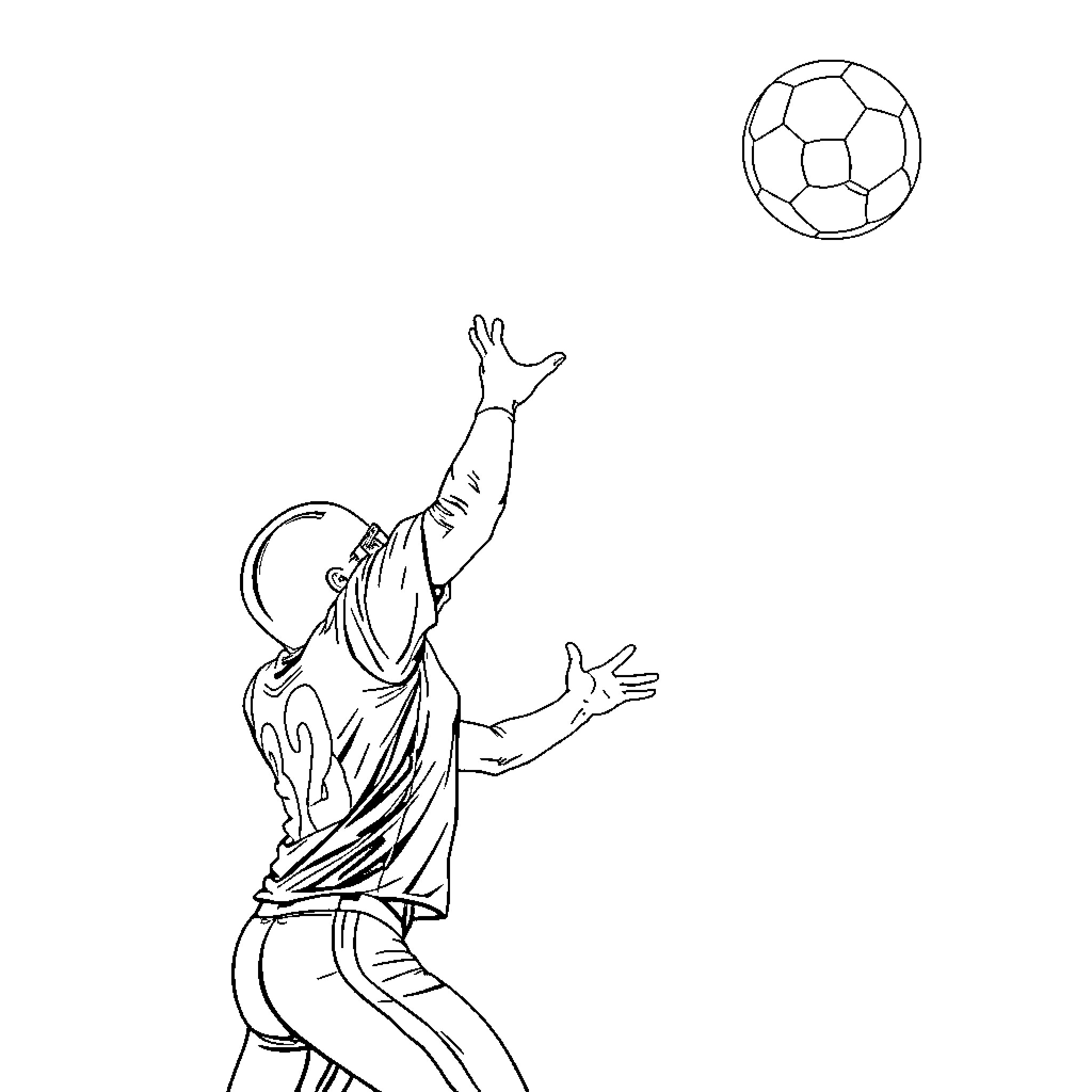 Football Player Leaping to Head the Ball Coloring Page (free black-and-white line drawing printable PDF for all, from beginners to advanced learners, including children, teens, adults, and seniors)