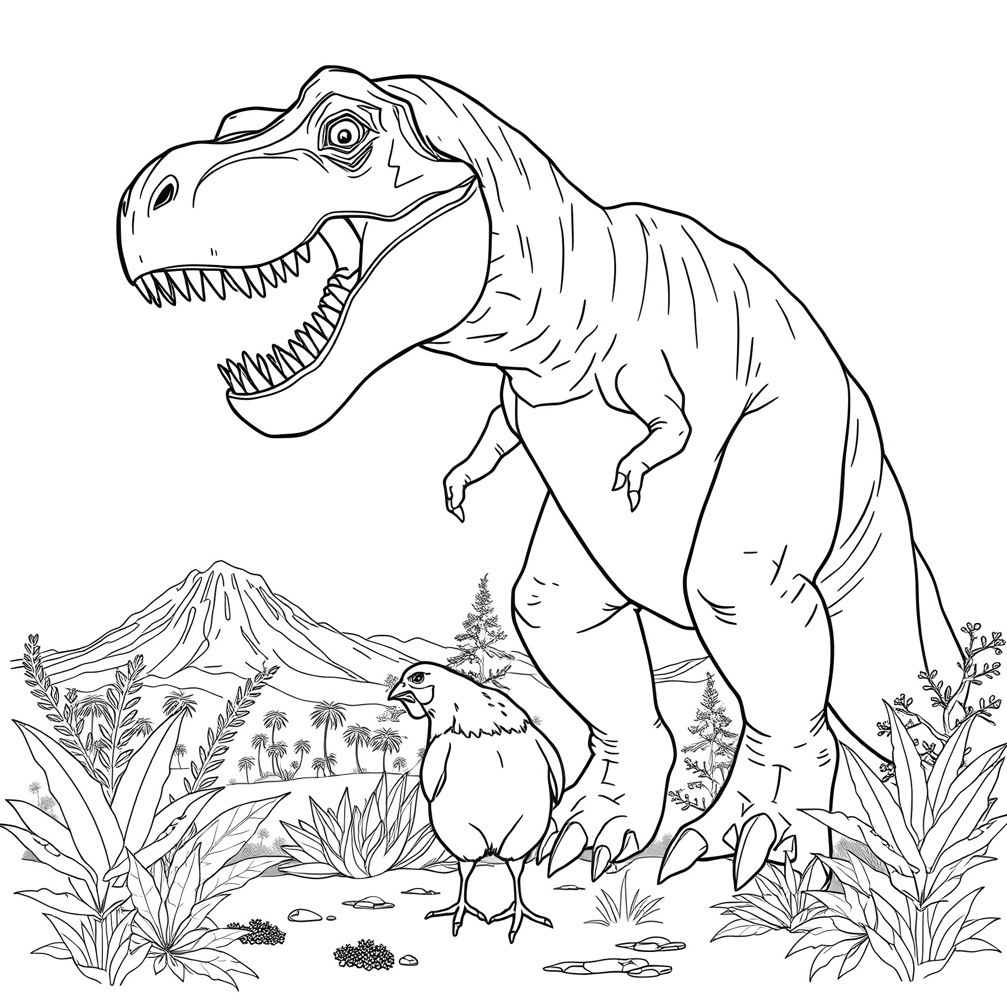 Tyrannosaurus Rex roaring in a lush prehistoric landscape Coloring Page (free black-and-white line drawing printable PDF for all, from beginners to advanced learners, including children, teens, adults, and seniors)
