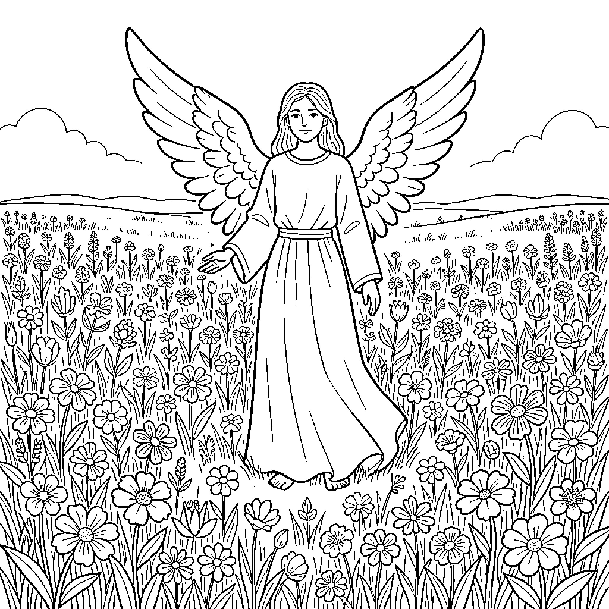 Angel walking gracefully through a field of flowers Coloring Page (free black-and-white line drawing printable PDF for all, from beginners to advanced learners, including children, teens, adults, and seniors)