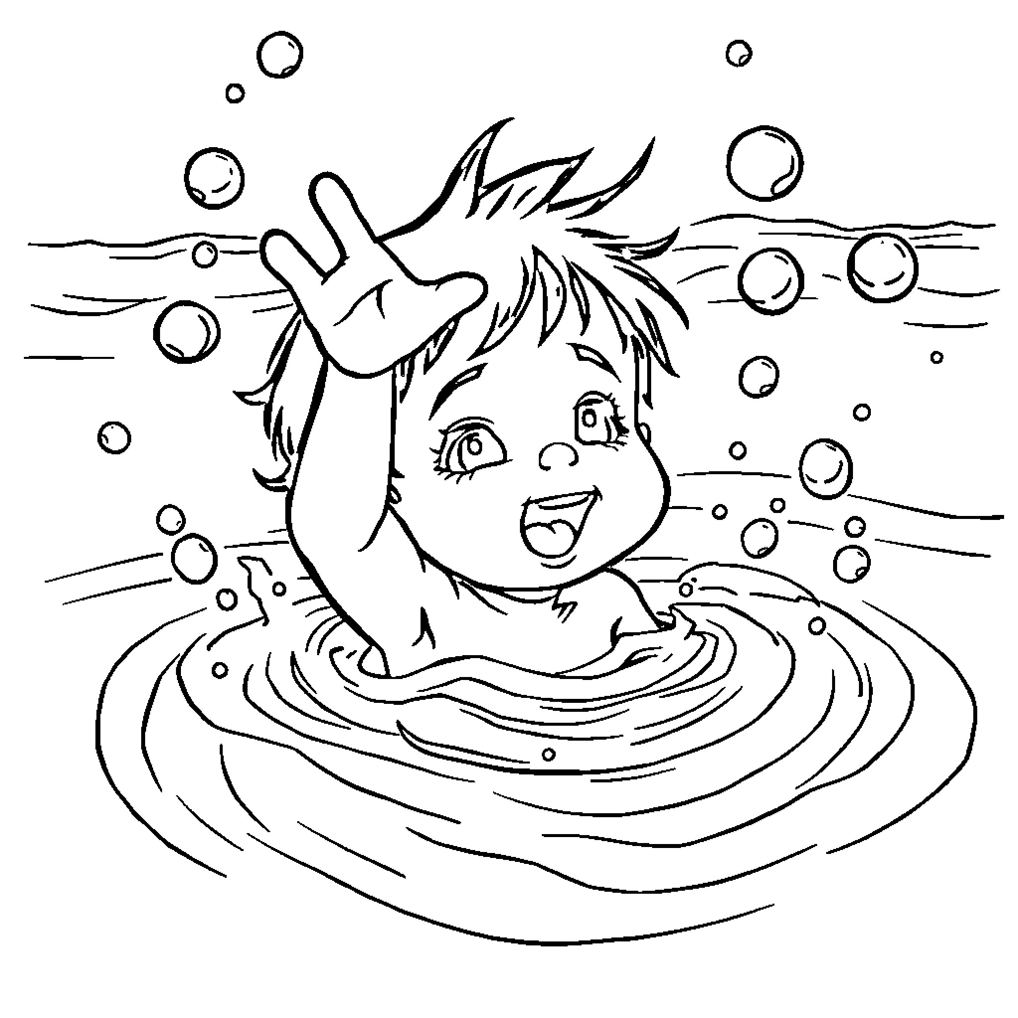 Kid enjoying fun bubble bath time Coloring Page (free black-and-white line drawing printable PDF for all, from beginners to advanced learners, including children, teens, adults, and seniors)