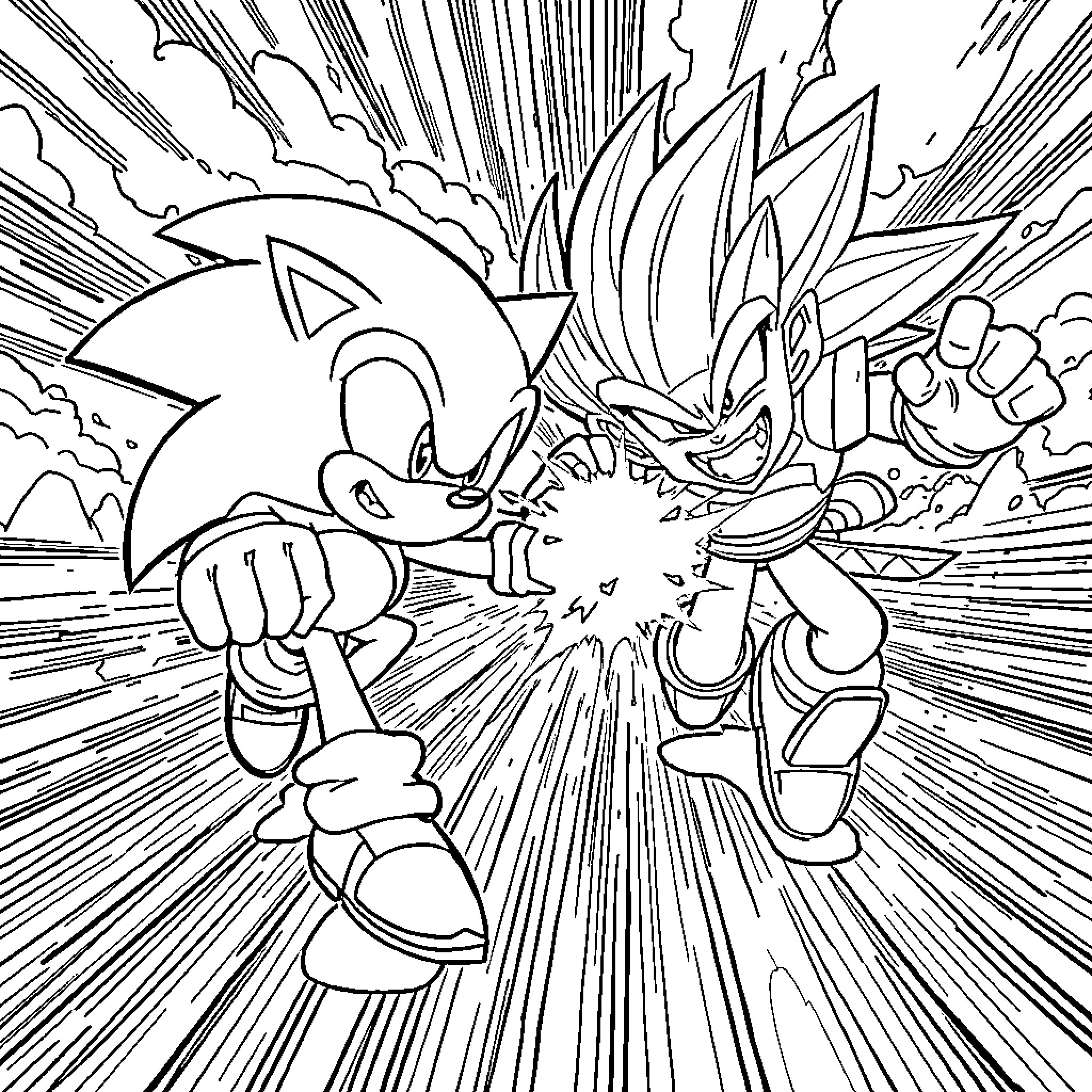 Sonic in an intense combat scene Coloring Page (free black-and-white line drawing printable PDF for all, from beginners to advanced learners, including children, teens, adults, and seniors)