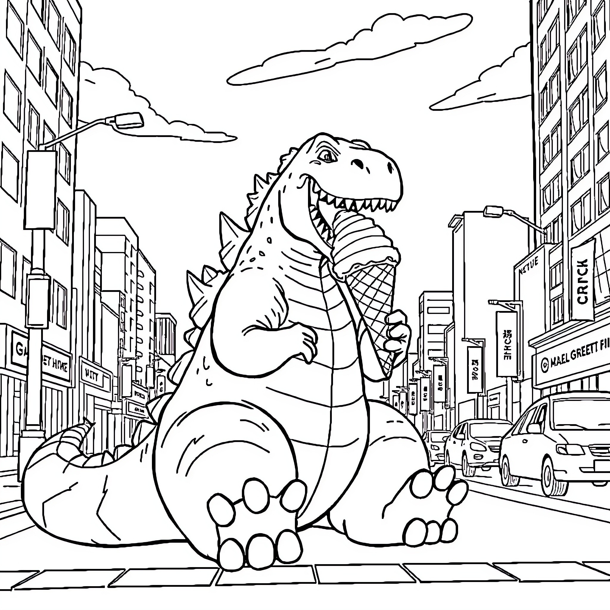 Godzilla stomping through the city Coloring Page (free black-and-white line drawing printable PDF for all, from beginners to advanced learners, including children, teens, adults, and seniors)