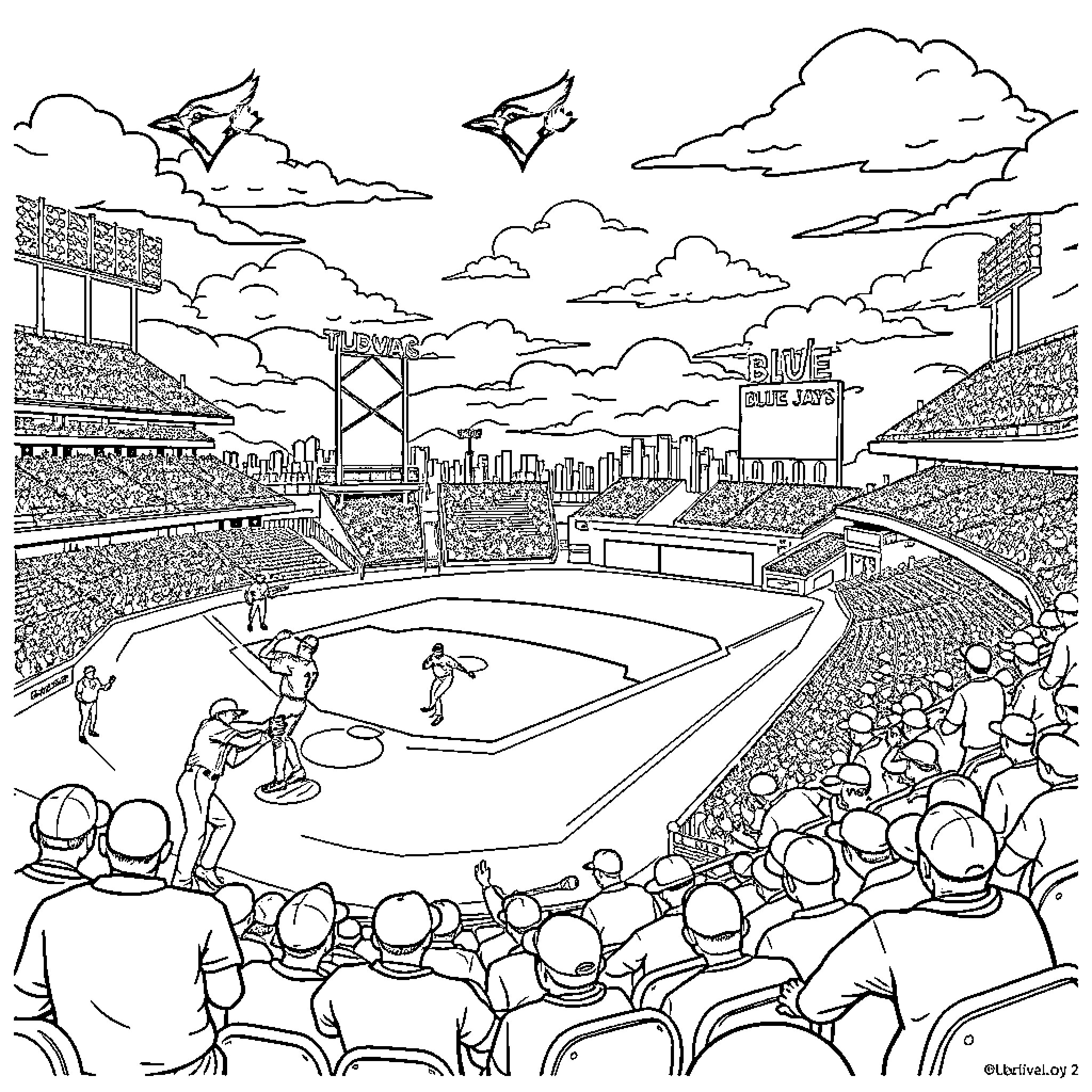Blue Jay Fans Cheering in Baseball Stadium Coloring Page (free black-and-white line drawing printable PDF for all, from beginners to advanced learners, including children, teens, adults, and seniors)