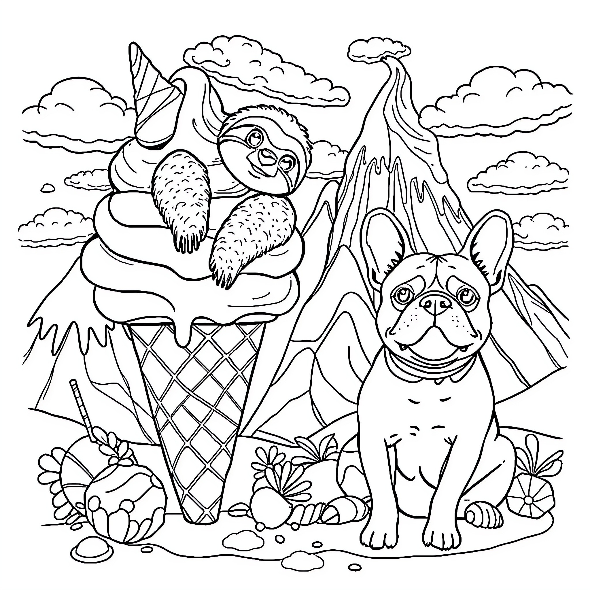 Sloth enjoying an icy treat with a friendly dog Coloring Page (free black-and-white line drawing printable PDF for all, from beginners to advanced learners, including children, teens, adults, and seniors)