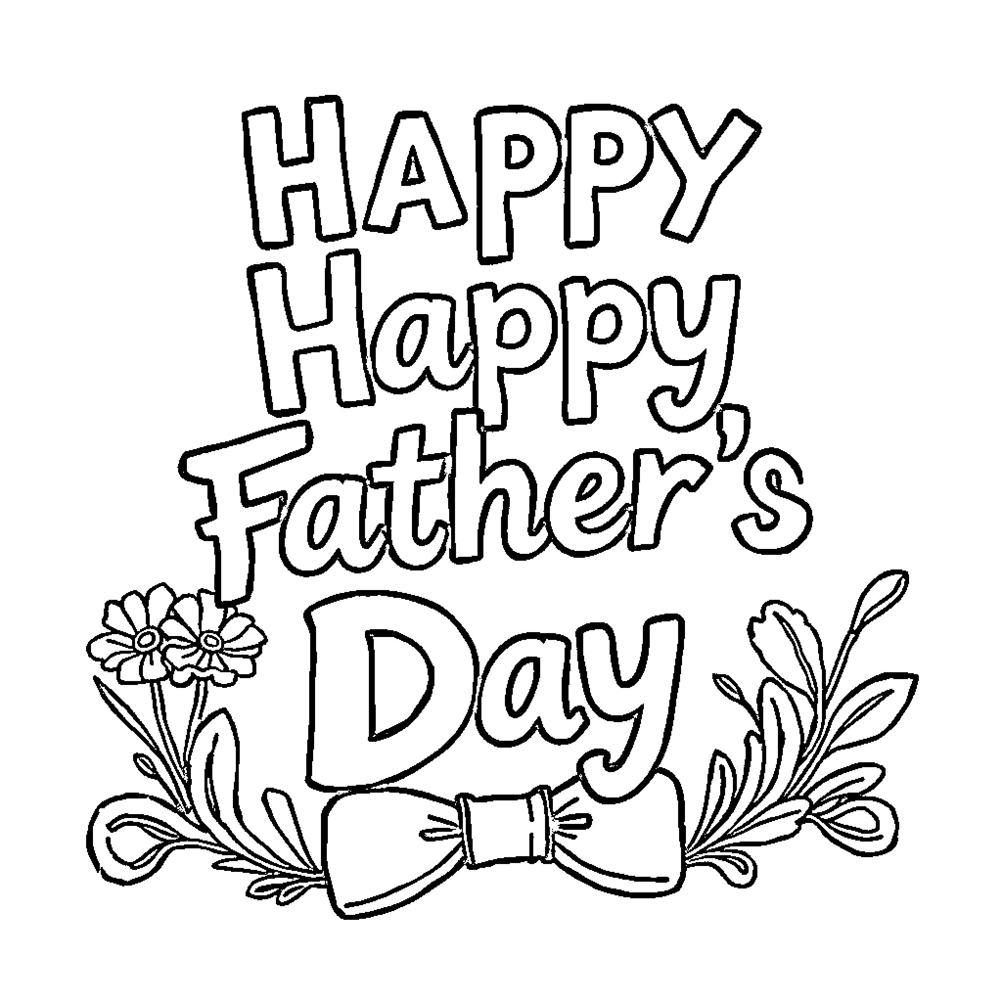 Father's Day with Happy Wishes and Floral Decorations Coloring Page (free black-and-white line drawing printable PDF for all, from beginners to advanced learners, including children, teens, adults, and seniors)