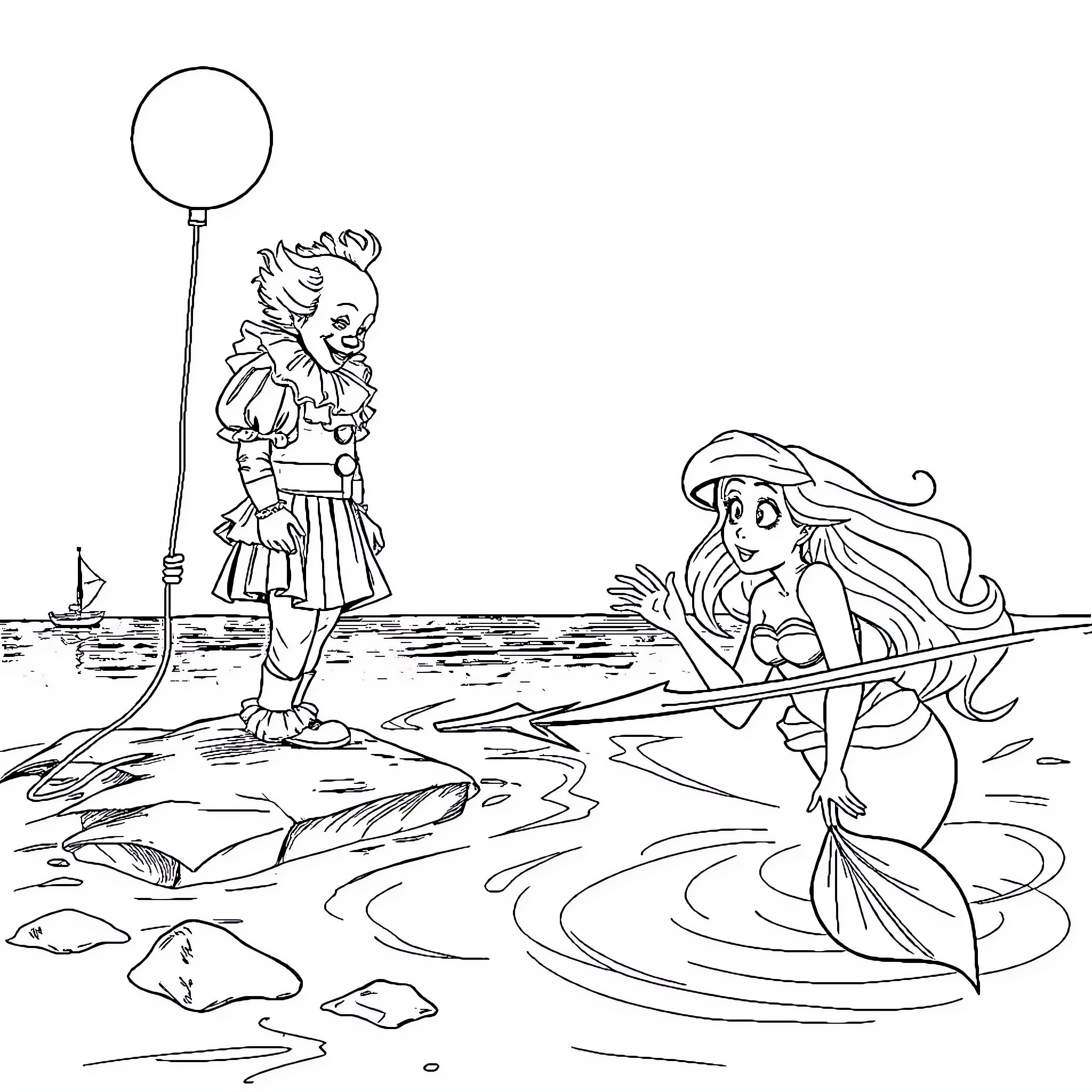Pennywise meets Mermaid in the Watery Realm Coloring Page (free black-and-white line drawing printable PDF for all, from beginners to advanced learners, including children, teens, adults, and seniors)