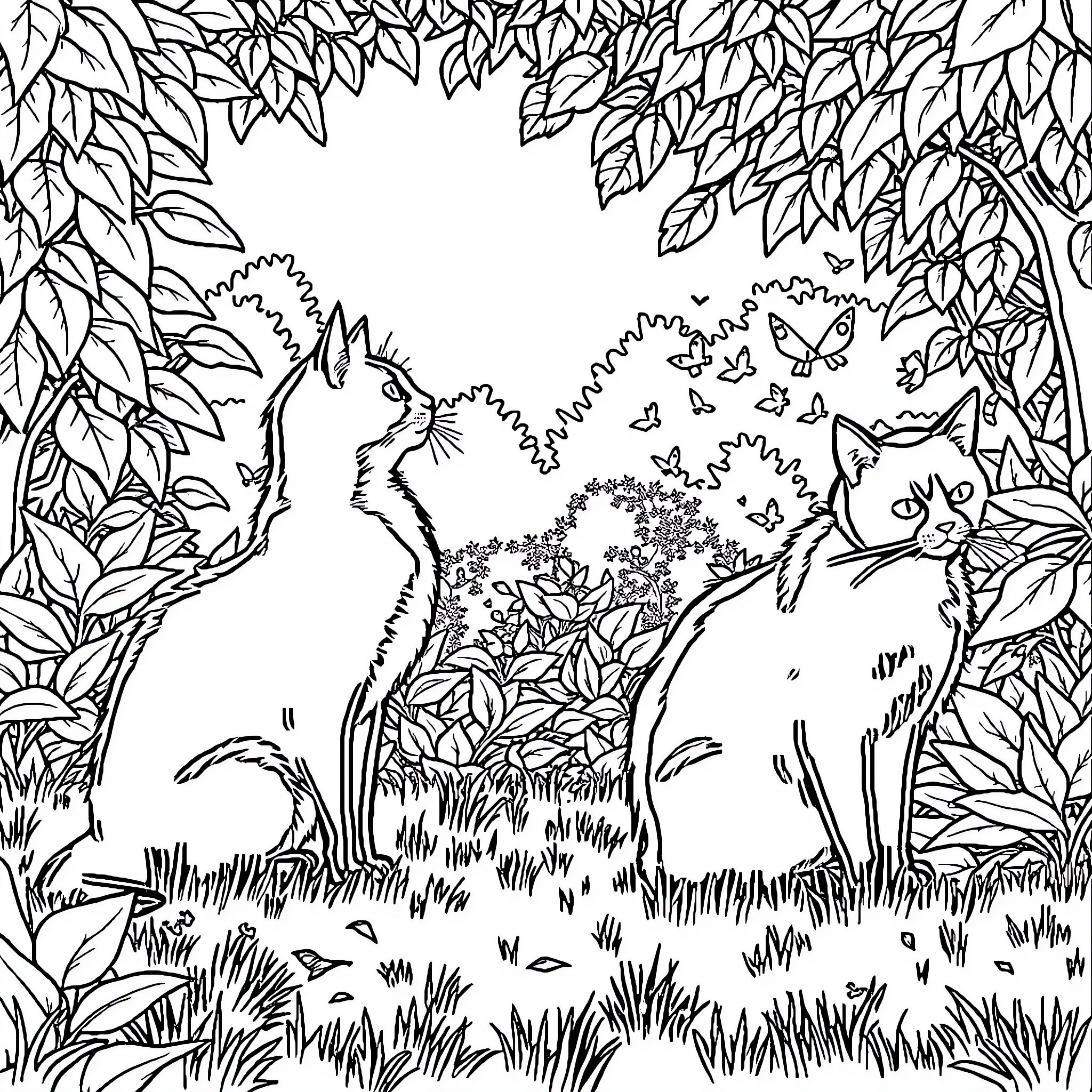 Cat companions in the verdant forest Coloring Page (free black-and-white line drawing printable PDF for all, from beginners to advanced learners, including children, teens, adults, and seniors)