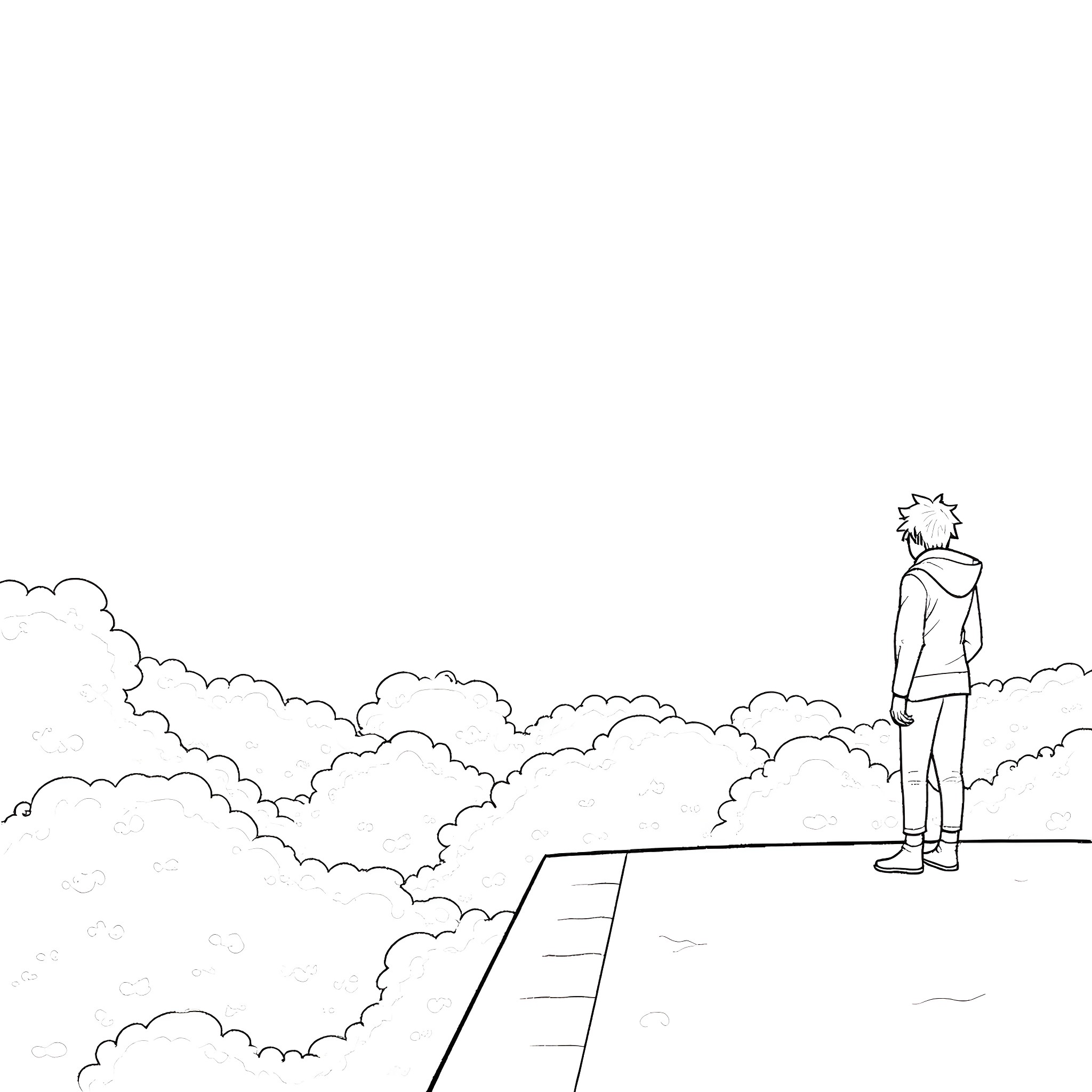 Yoruichi overlooking the cloudy landscape Coloring Page (free black-and-white line drawing printable PDF for all, from beginners to advanced learners, including children, teens, adults, and seniors)