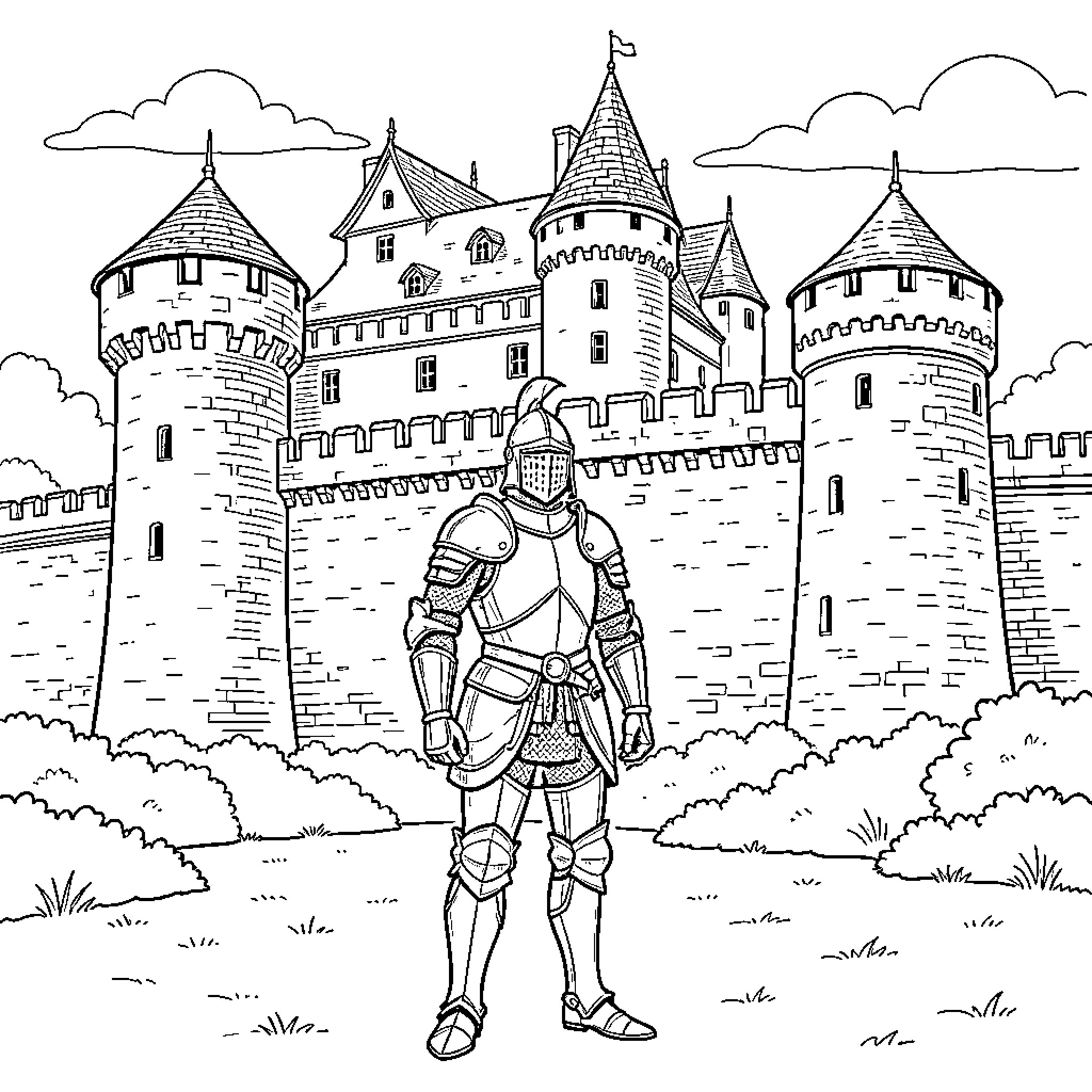 Knight standing tall in front of a medieval castle Coloring Page (free black-and-white line drawing printable PDF for all, from beginners to advanced learners, including children, teens, adults, and seniors)