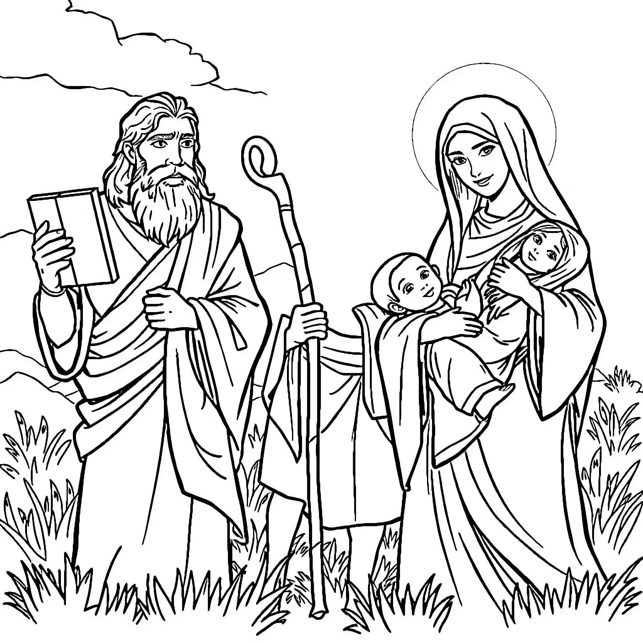 Bible Character Teaching His Disciples in the Meadow Coloring Page (free black-and-white line drawing printable PDF for all, from beginners to advanced learners, including children, teens, adults, and seniors)