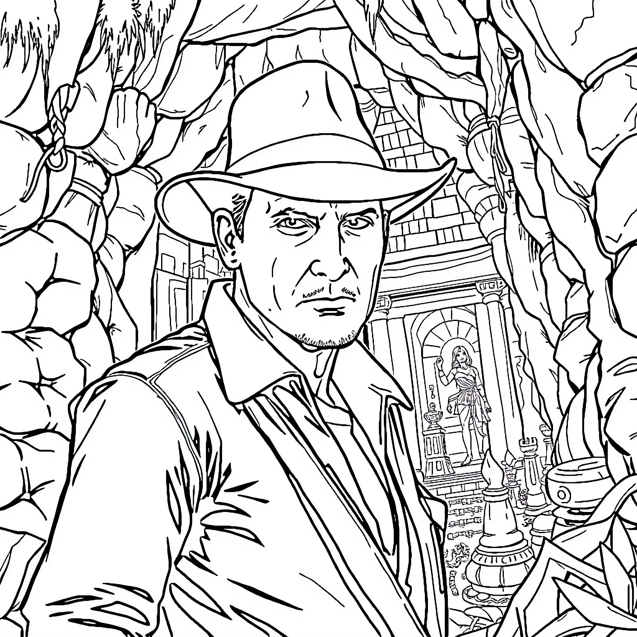 Indiana Jones in a mysterious temple exploration Coloring Page (free black-and-white line drawing printable PDF for all, from beginners to advanced learners, including children, teens, adults, and seniors)