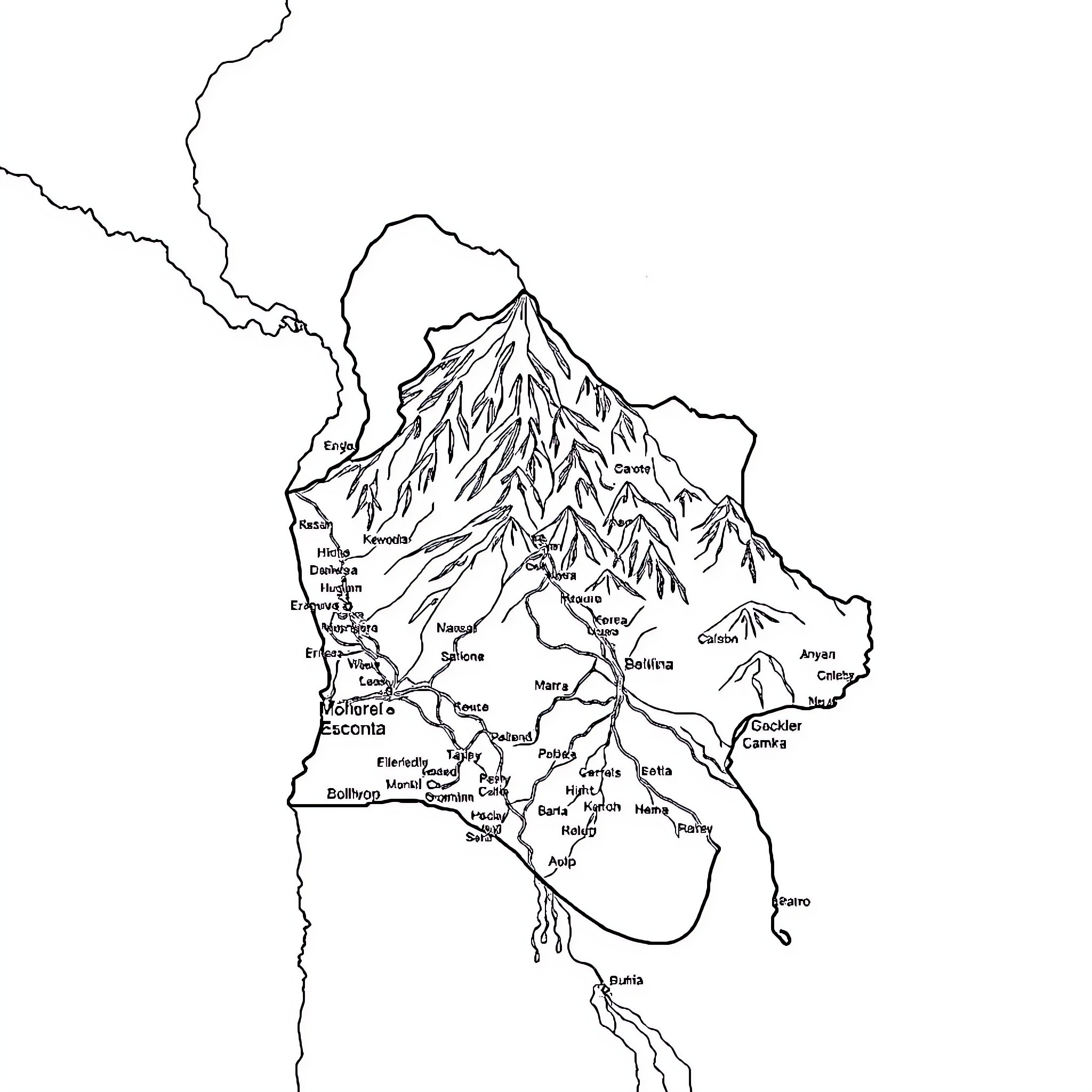 Bolivia's Rugged Mountain Terrain Coloring Page (free black-and-white line drawing printable PDF for all, from beginners to advanced learners, including children, teens, adults, and seniors)