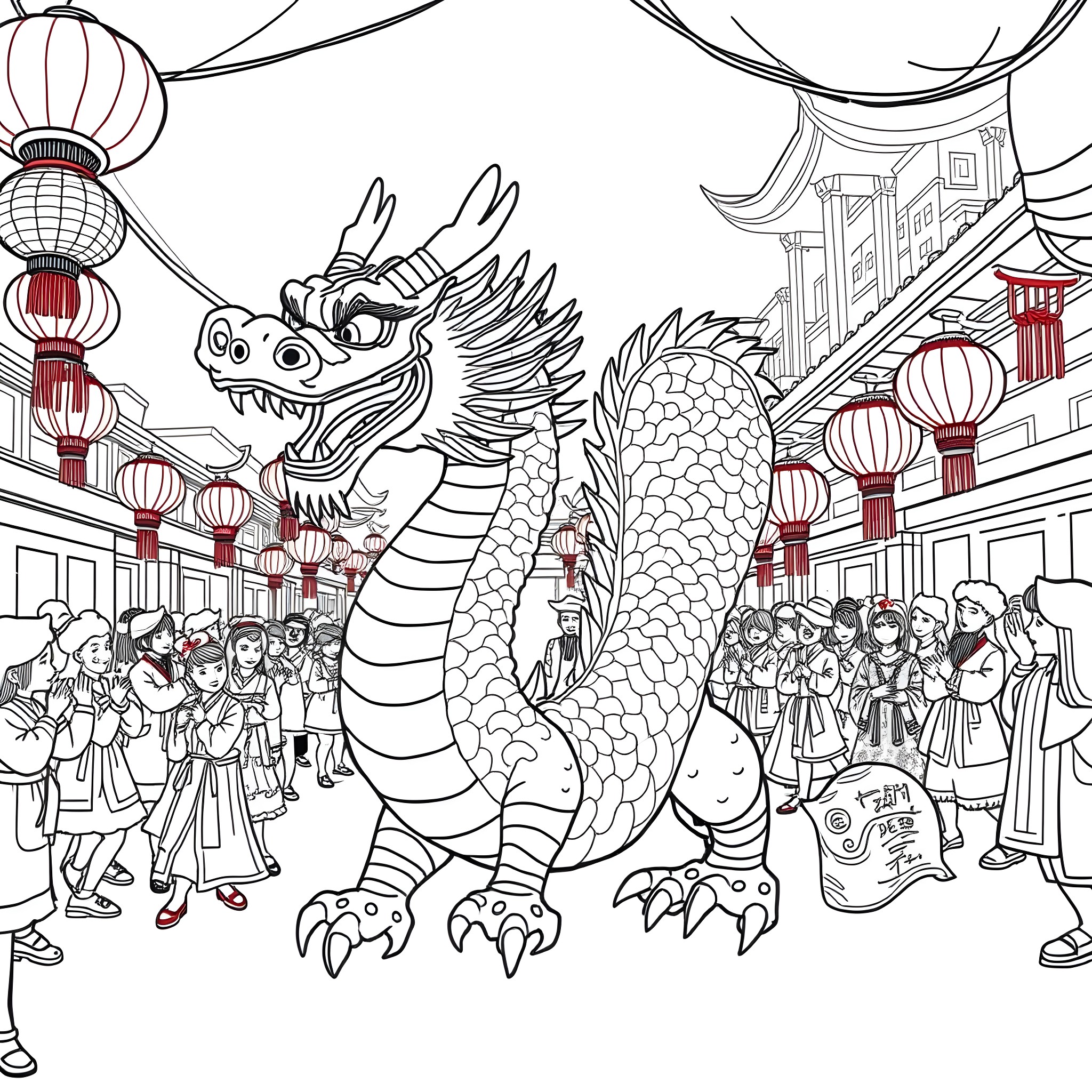 Dragon Celebrates Lunar New Year in Festive Parade Coloring Page (free black-and-white line drawing printable PDF for all, from beginners to advanced learners, including children, teens, adults, and seniors)