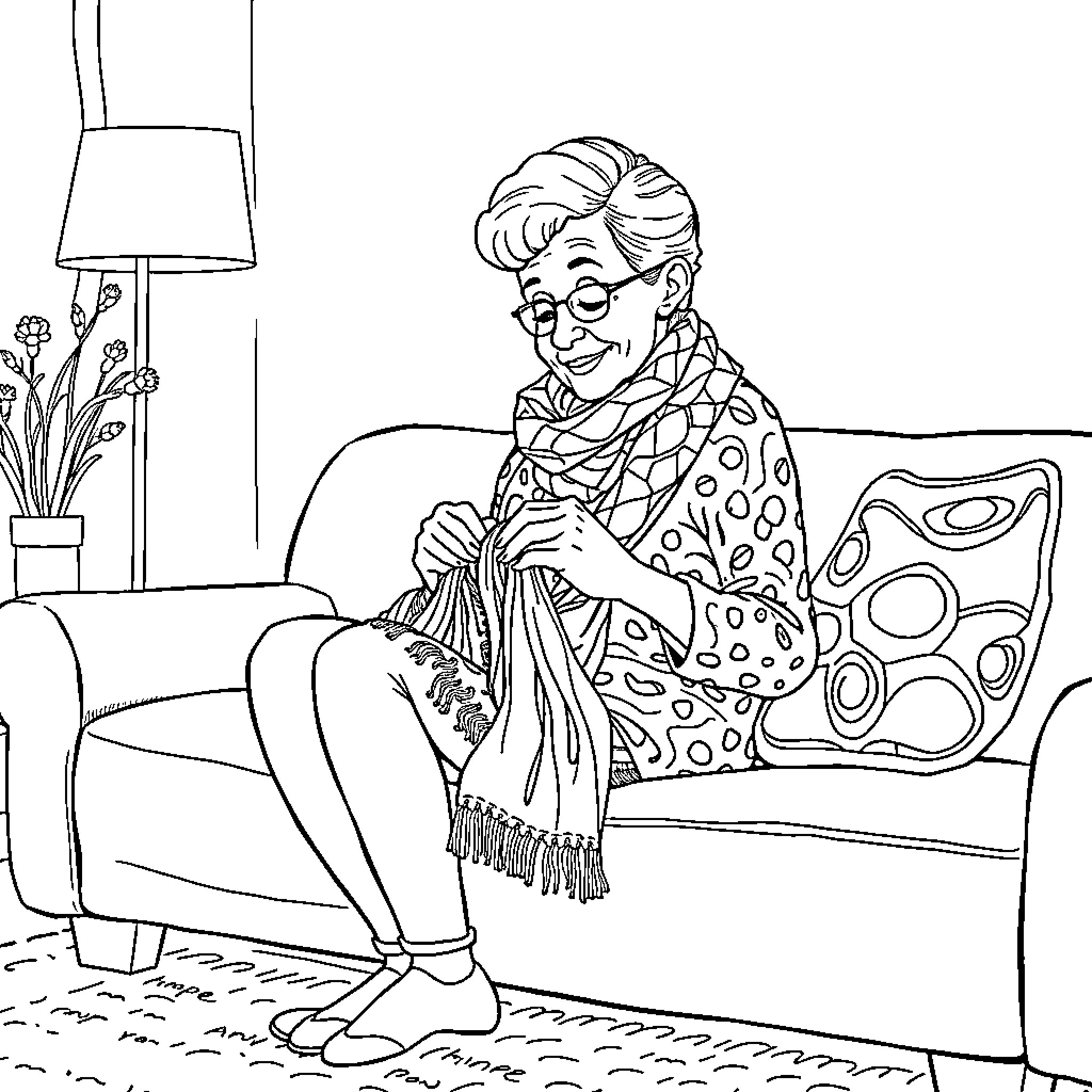 Grandma relaxing contentedly in her cozy living room Coloring Page (free black-and-white line drawing printable PDF for all, from beginners to advanced learners, including children, teens, adults, and seniors)