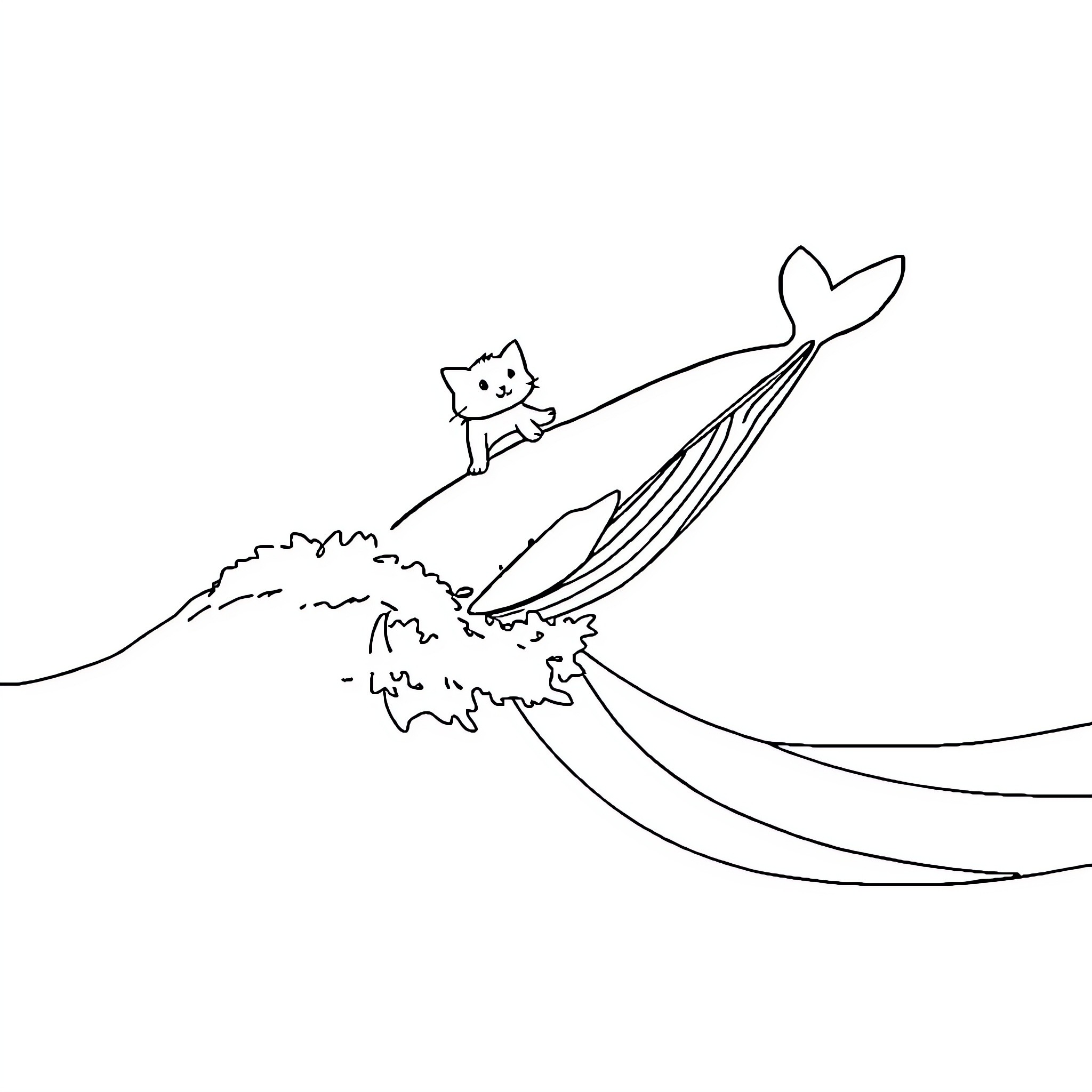 Whale and kitten sailing across the ocean Coloring Page (free black-and-white line drawing printable PDF for all, from beginners to advanced learners, including children, teens, adults, and seniors)