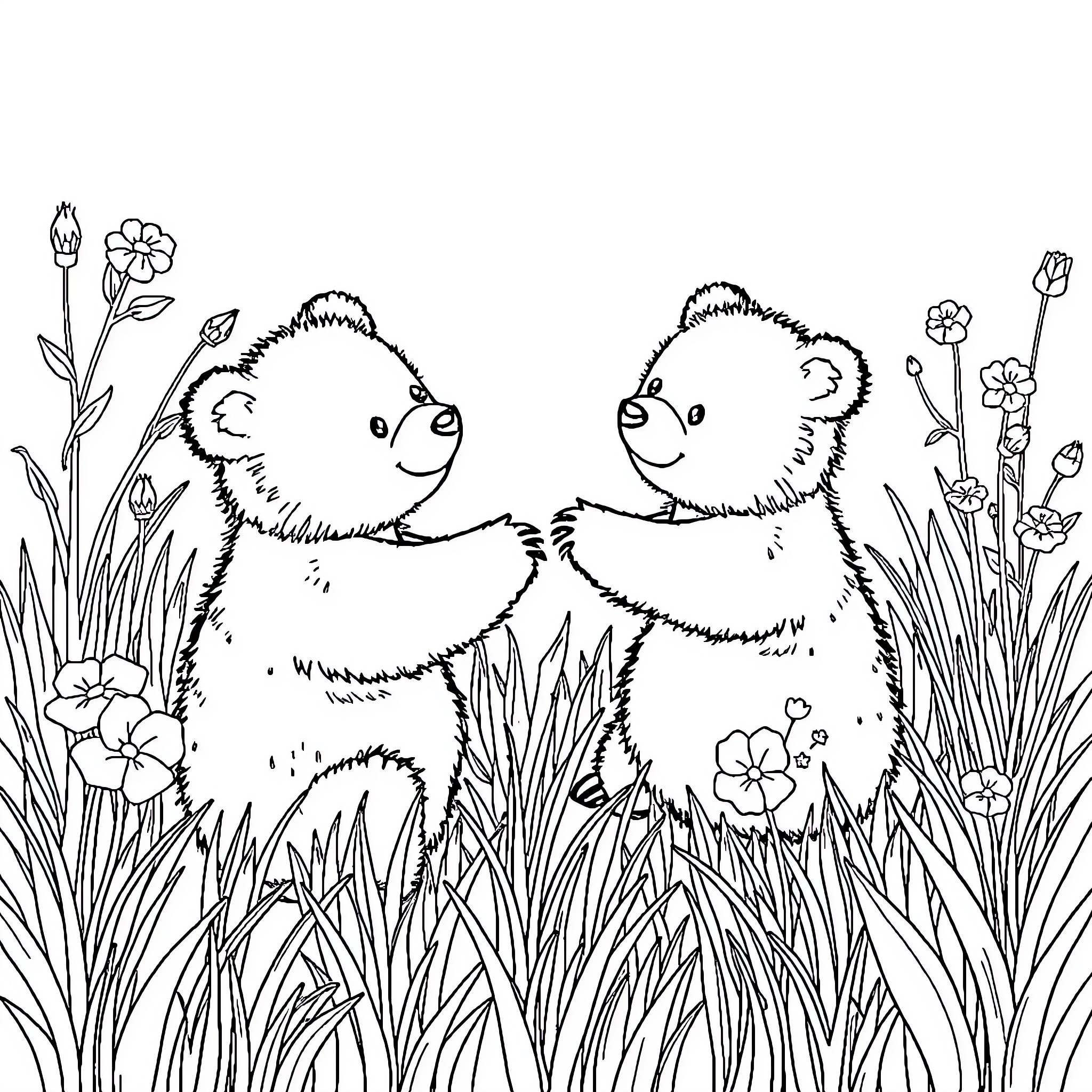 Brown Bear Cubs Playing in Floral Field Coloring Page (free black-and-white line drawing printable PDF for all, from beginners to advanced learners, including children, teens, adults, and seniors)
