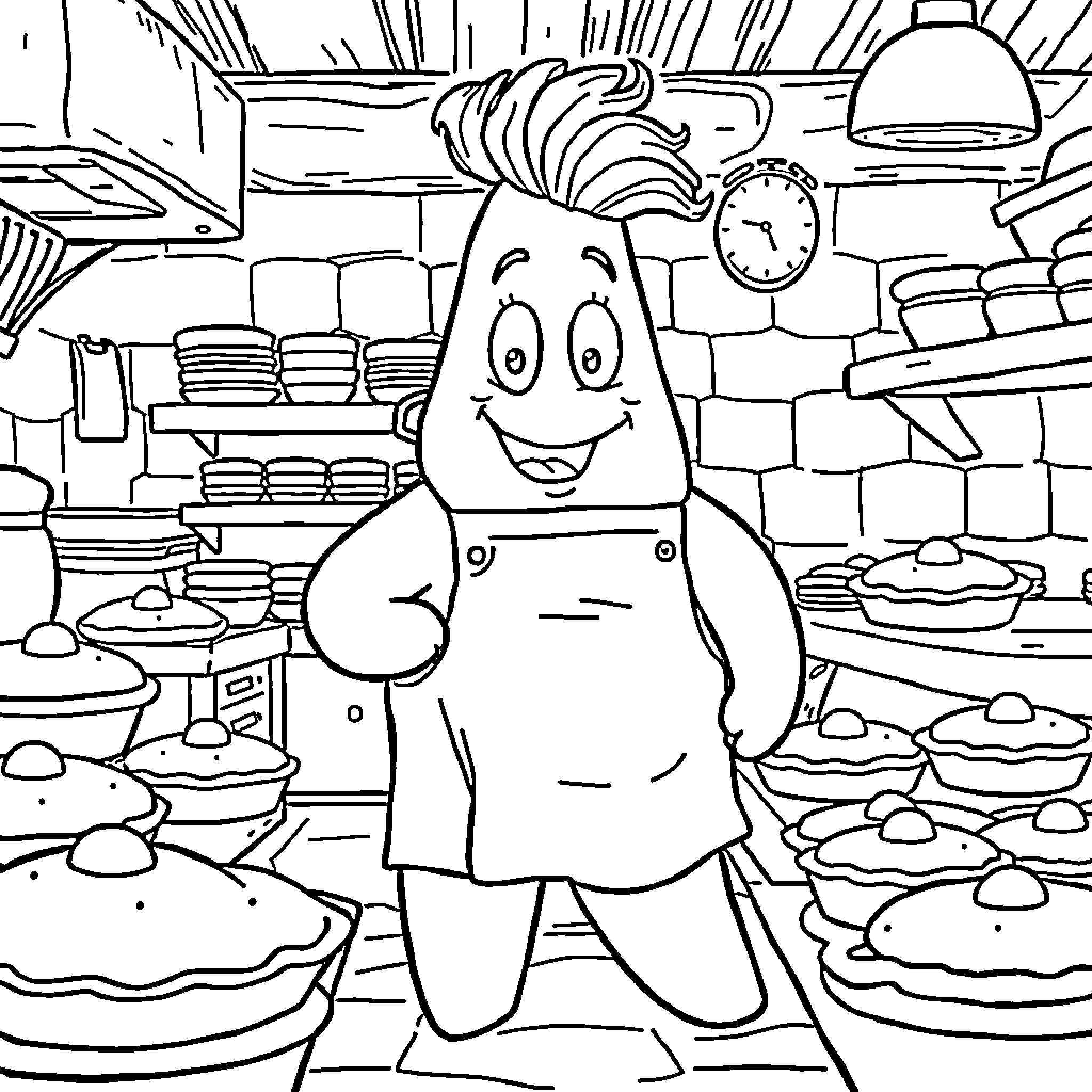 Patrick Star in a Cheerful Kitchen Scene Coloring Page (free black-and-white line drawing printable PDF for all, from beginners to advanced learners, including children, teens, adults, and seniors)
