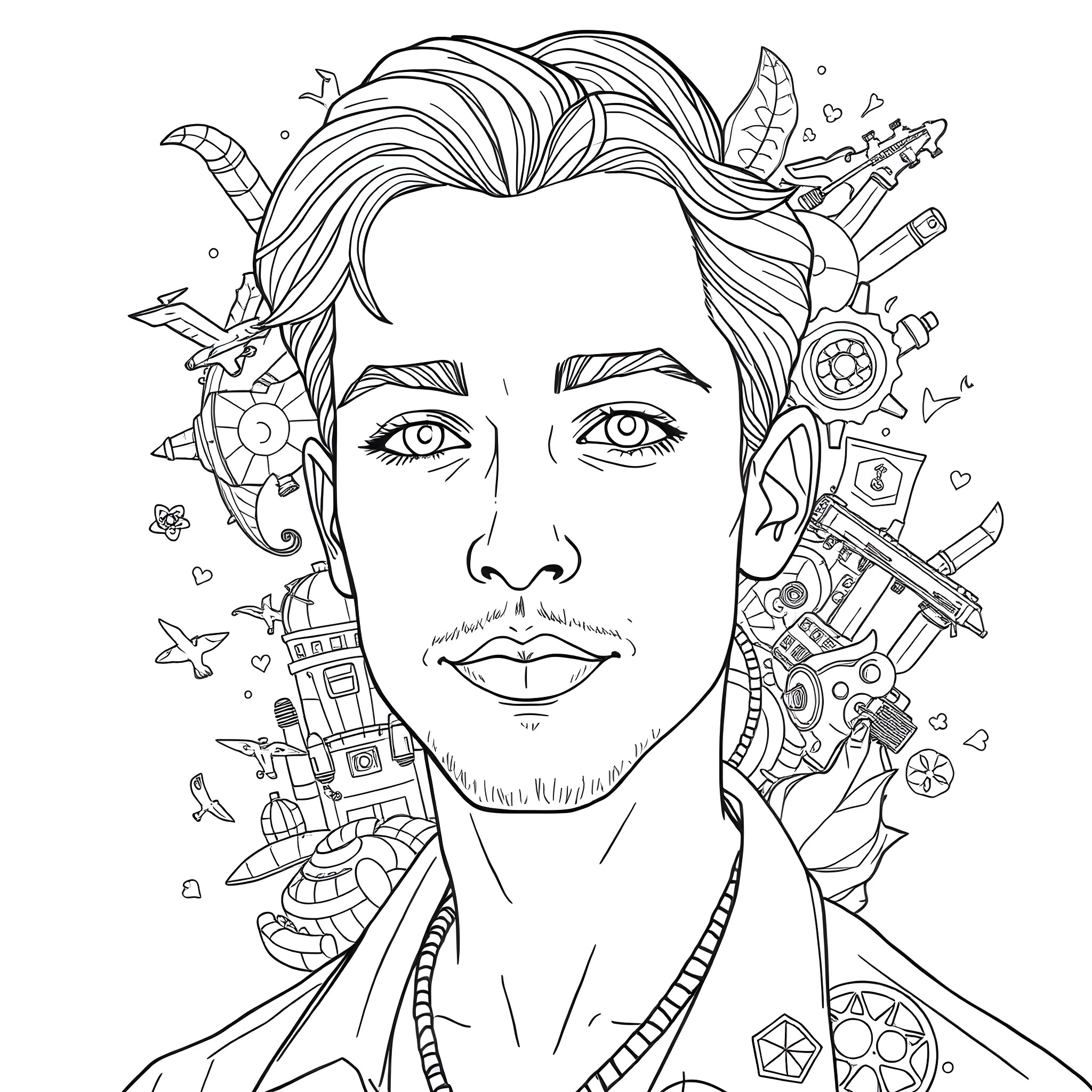 Self Portrait with Artistic Elements Coloring Page (free black-and-white line drawing printable PDF for all, from beginners to advanced learners, including children, teens, adults, and seniors)