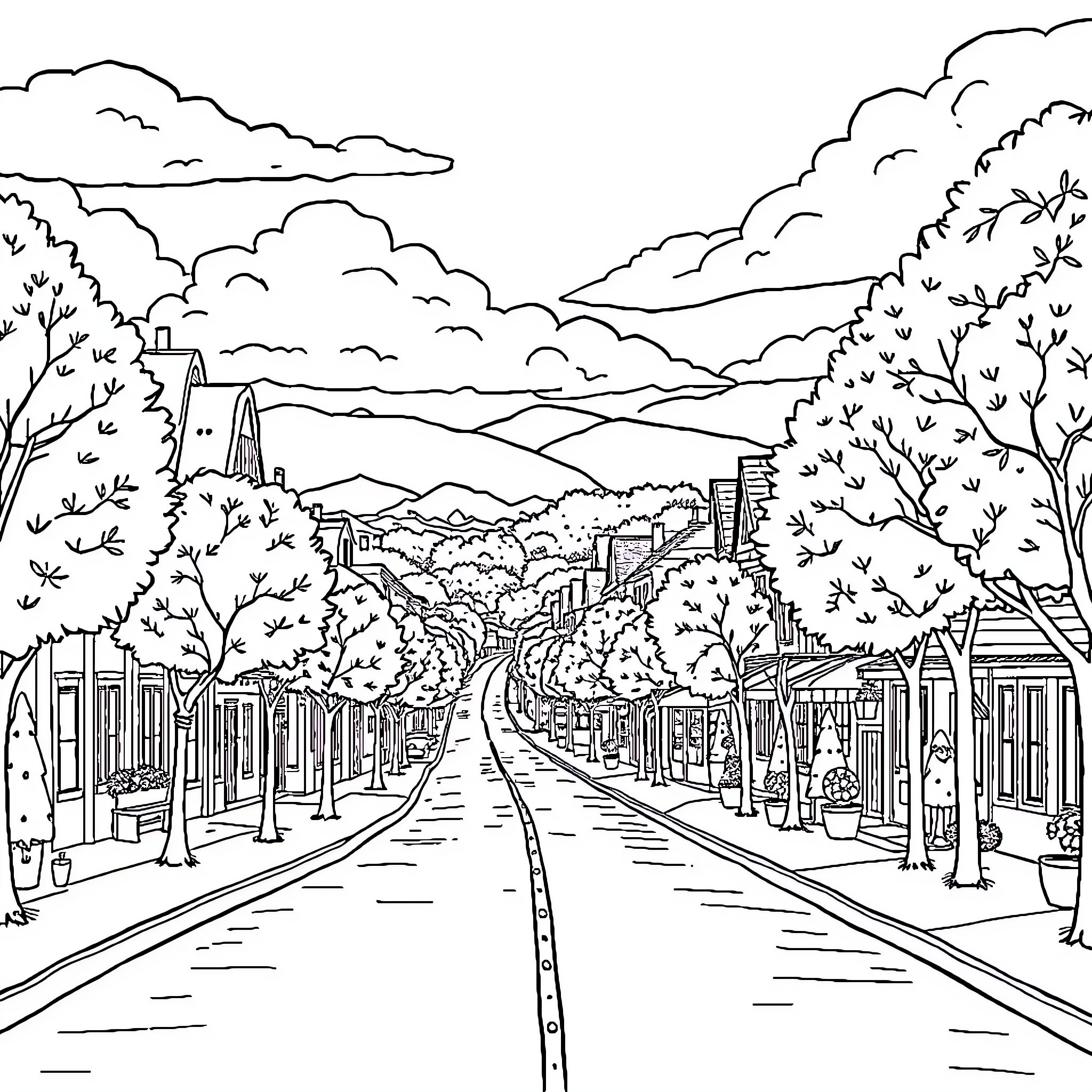 City street lined with trees and buildings Coloring Page (free black-and-white line drawing printable PDF for all, from beginners to advanced learners, including children, teens, adults, and seniors)