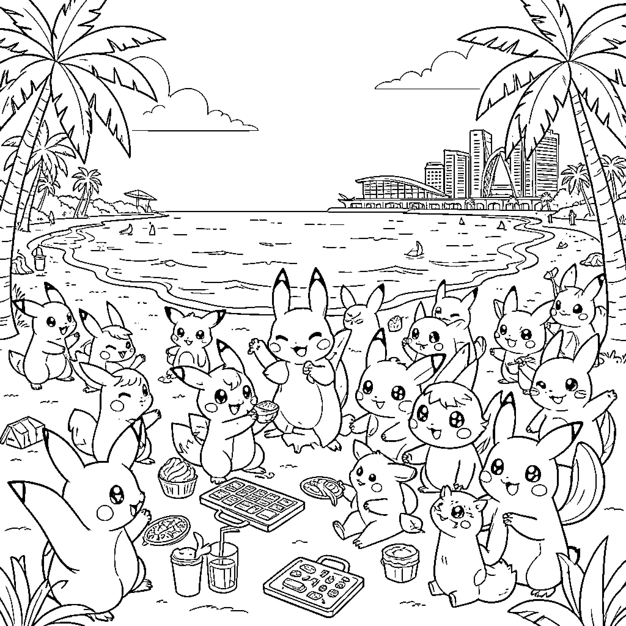 Pokémon celebrating a beach party with many friends Coloring Page (free black-and-white line drawing printable PDF for all, from beginners to advanced learners, including children, teens, adults, and seniors)