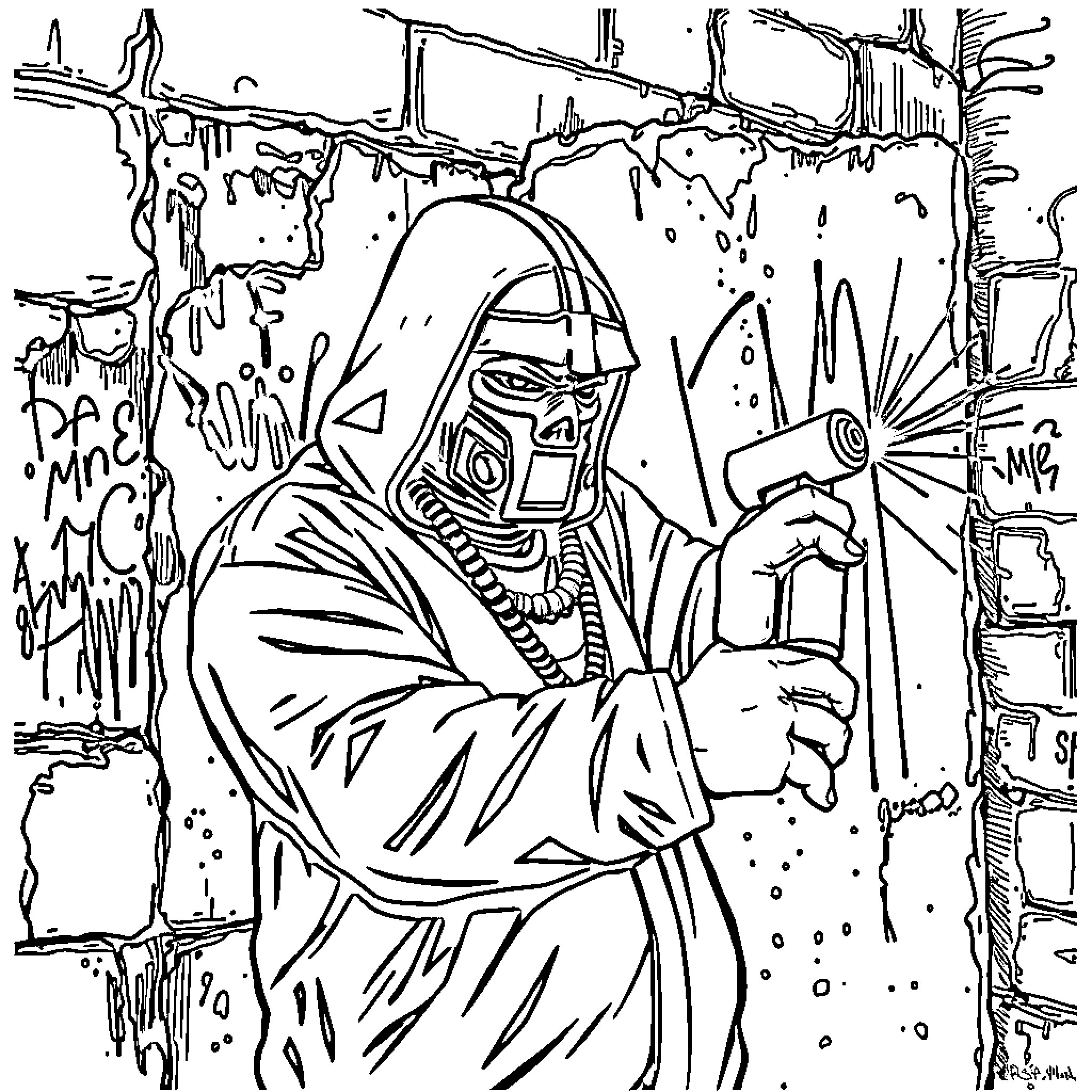 MF DOOM in an urban scene Coloring Page (free black-and-white line drawing printable PDF for all, from beginners to advanced learners, including children, teens, adults, and seniors)