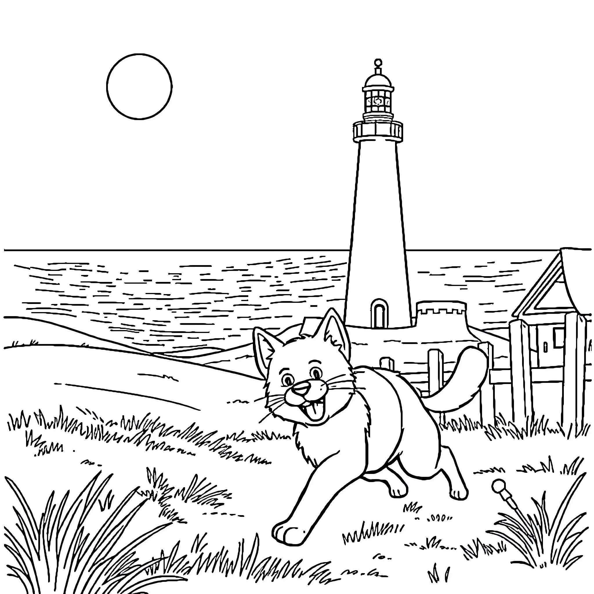 Cat exploring coastal scenery with lighthouse Coloring Page (free black-and-white line drawing printable PDF for all, from beginners to advanced learners, including children, teens, adults, and seniors)