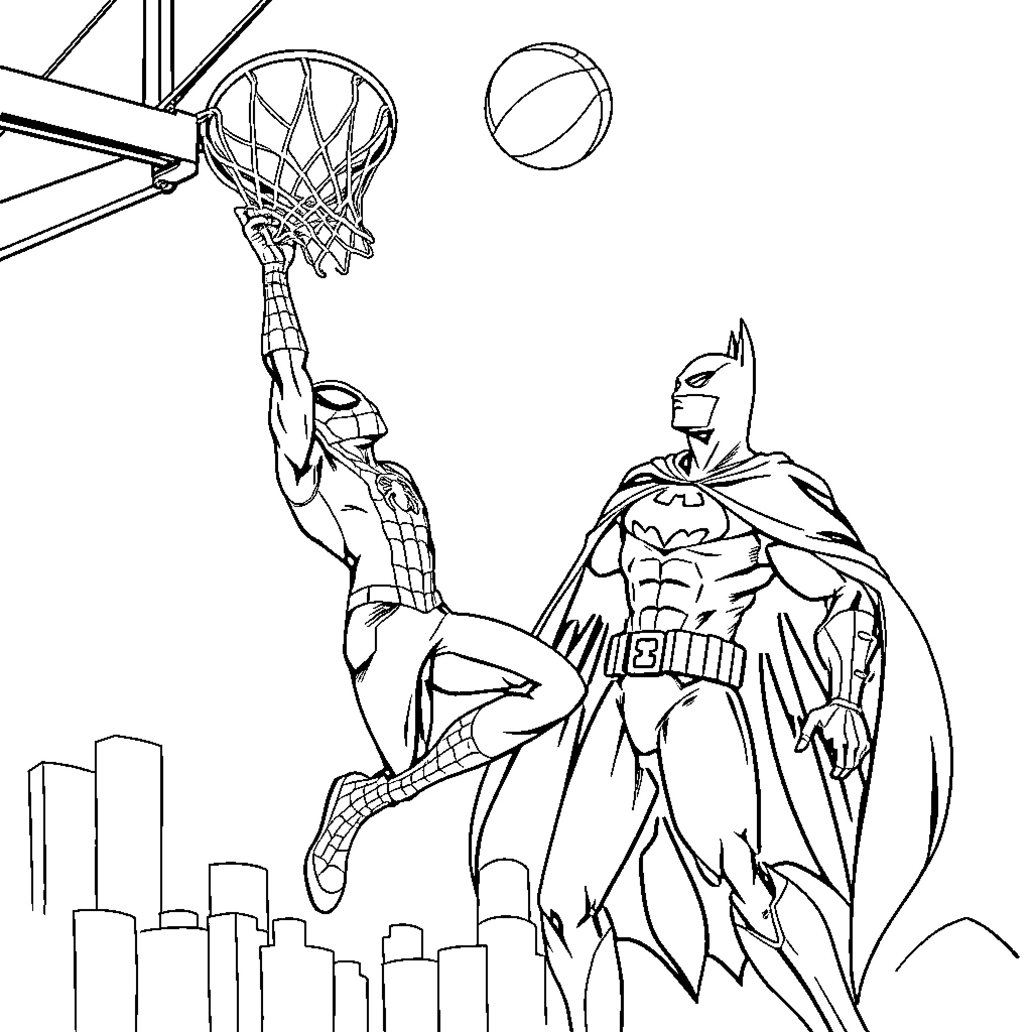 Spiderman and Batman playing basketball in the city Coloring Page (free black-and-white line drawing printable PDF for all, from beginners to advanced learners, including children, teens, adults, and seniors)