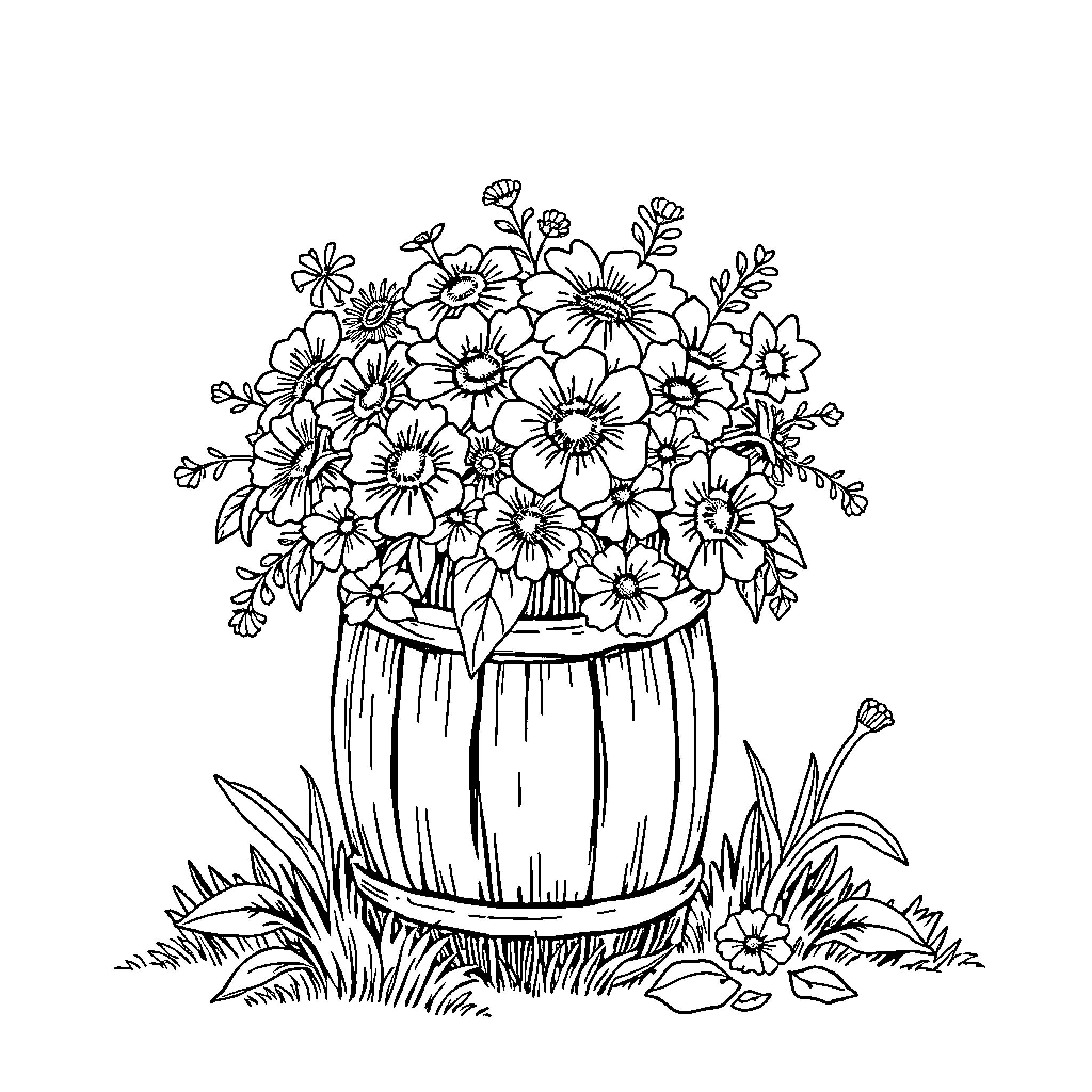 Milk Churn Filled with Vibrant Flowers Coloring Page (free black-and-white line drawing printable PDF for all, from beginners to advanced learners, including children, teens, adults, and seniors)
