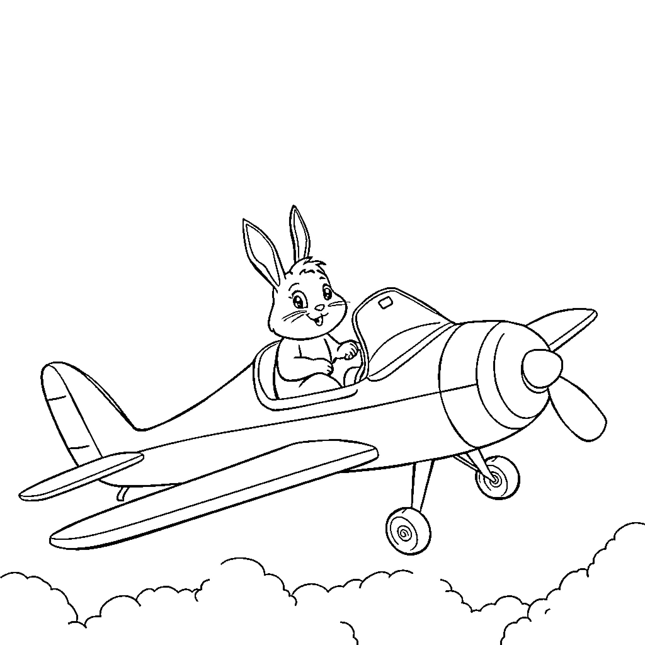 Man riding plane with a rabbit Coloring Page (free black-and-white line drawing printable PDF for all, from beginners to advanced learners, including children, teens, adults, and seniors)