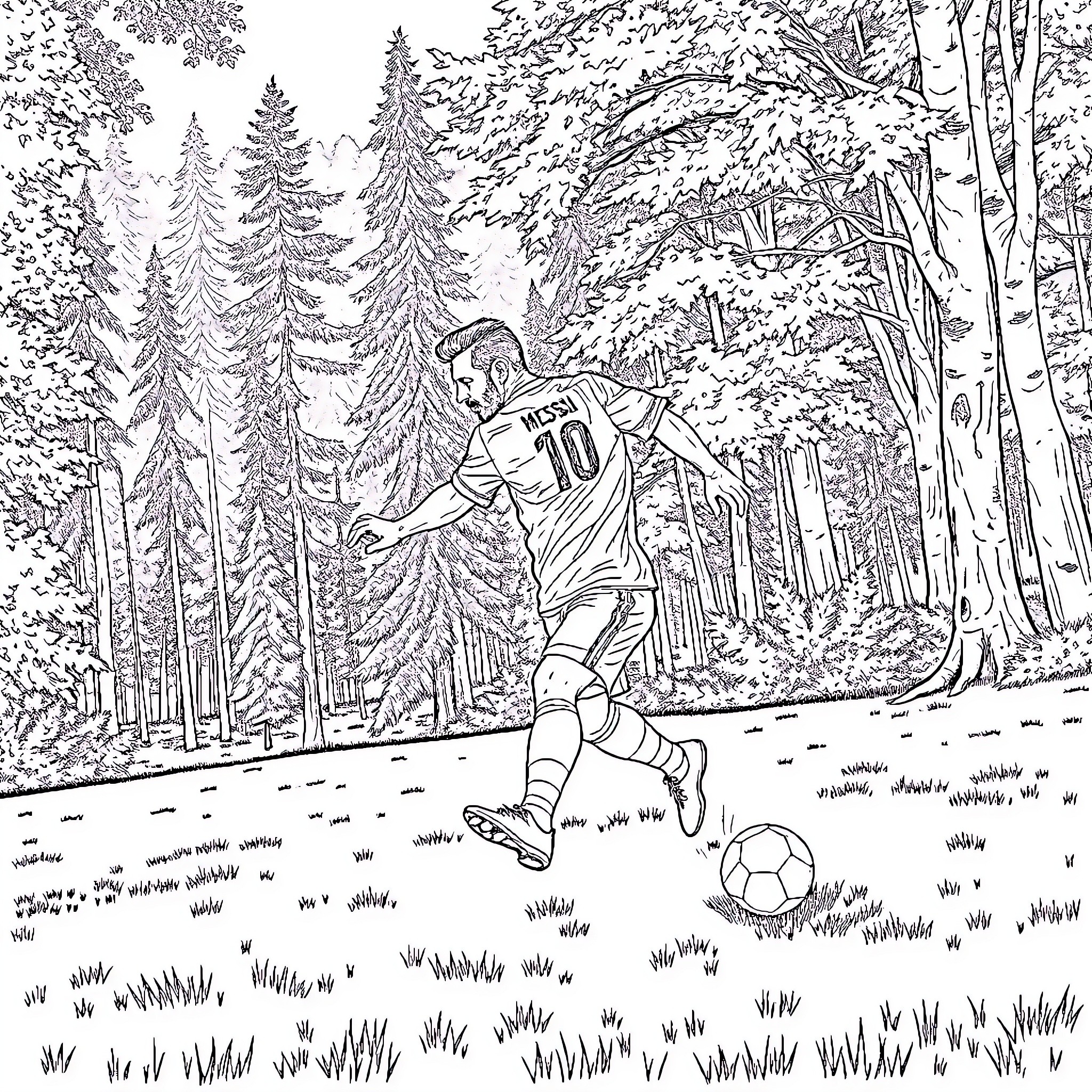 Lionel Messi playing soccer in a forested setting Coloring Page (free black-and-white line drawing printable PDF for all, from beginners to advanced learners, including children, teens, adults, and seniors)