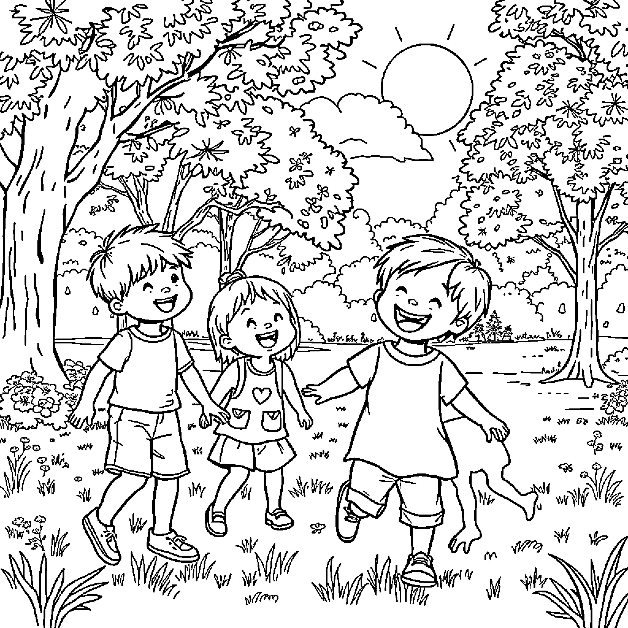 Kids playing happily in the park Coloring Page (free black-and-white line drawing printable PDF for all, from beginners to advanced learners, including children, teens, adults, and seniors)