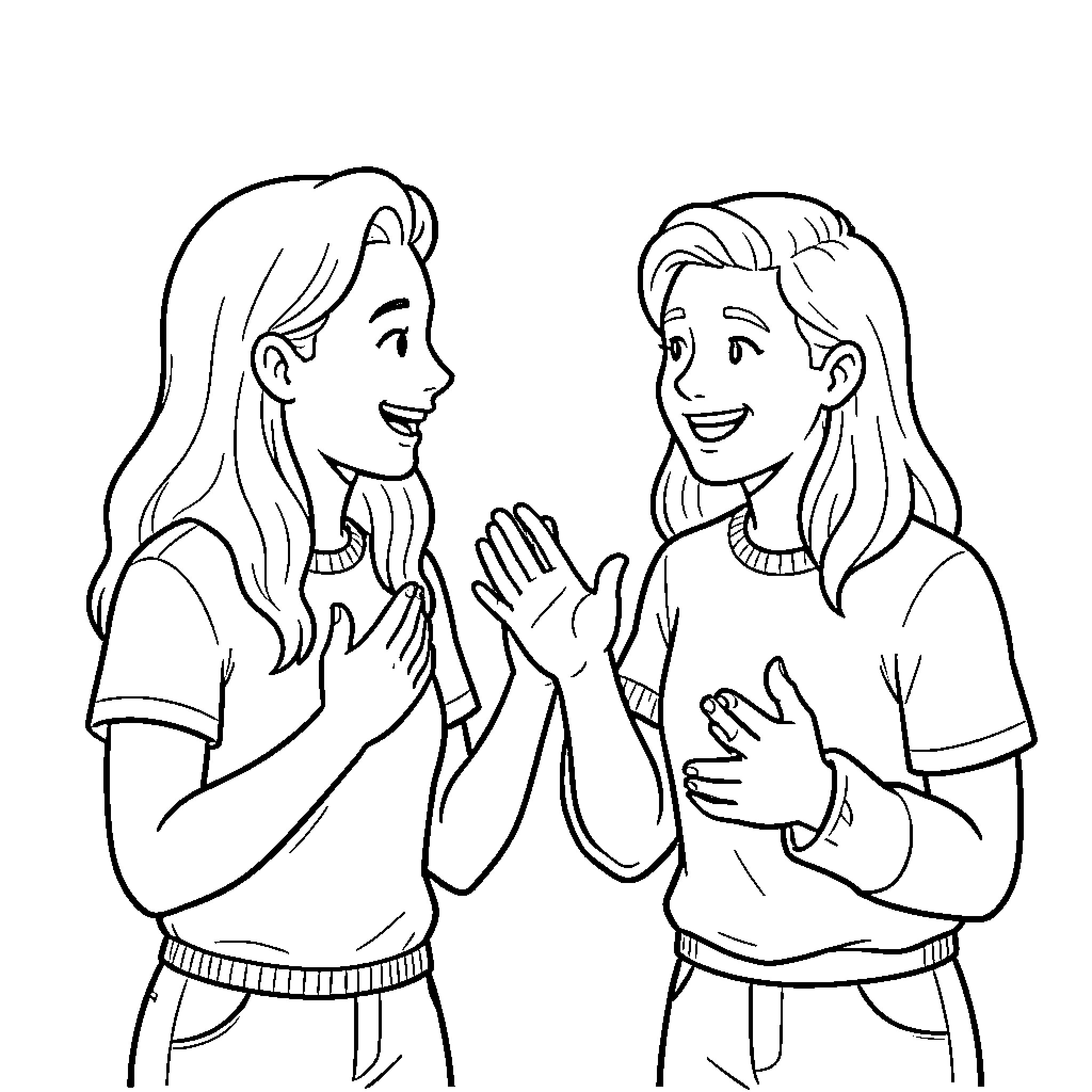 Sup two friends laughing and talking together Coloring Page (free black-and-white line drawing printable PDF for all, from beginners to advanced learners, including children, teens, adults, and seniors)